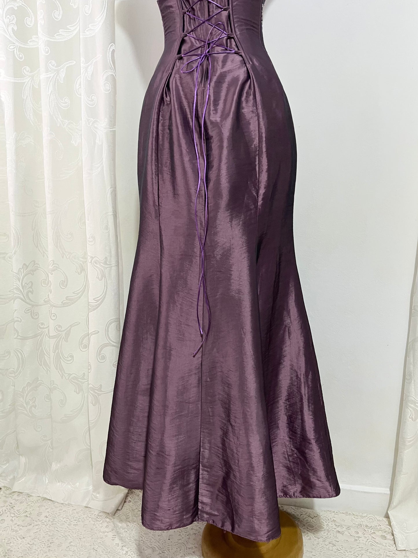 Iridescent taffeta purple corset dress with exquisite hand-embroidered sequins and rhinestones- size S