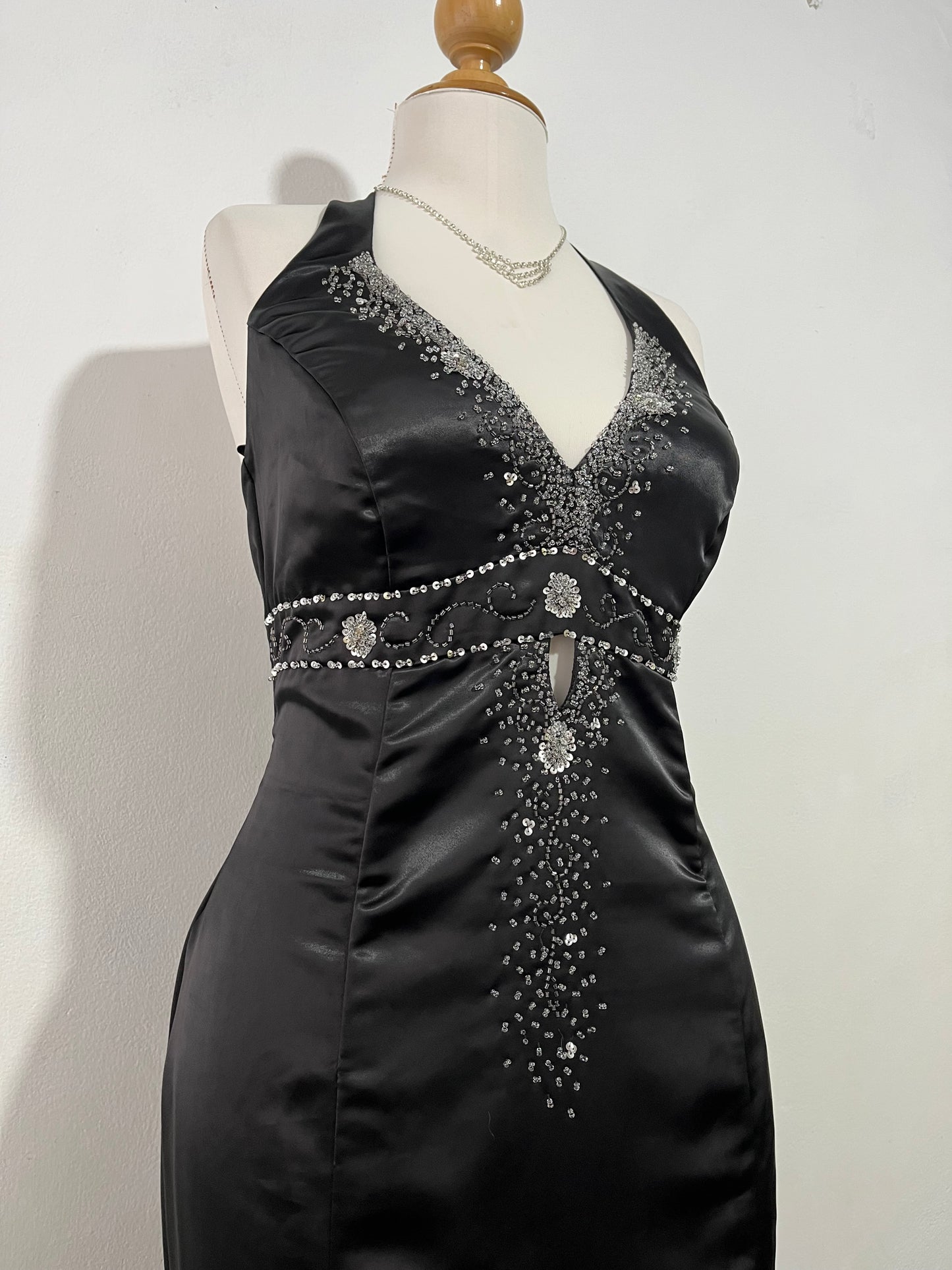 Noir silk satin halter corset dress with exquisite rhinestone embroidery- size L/XL