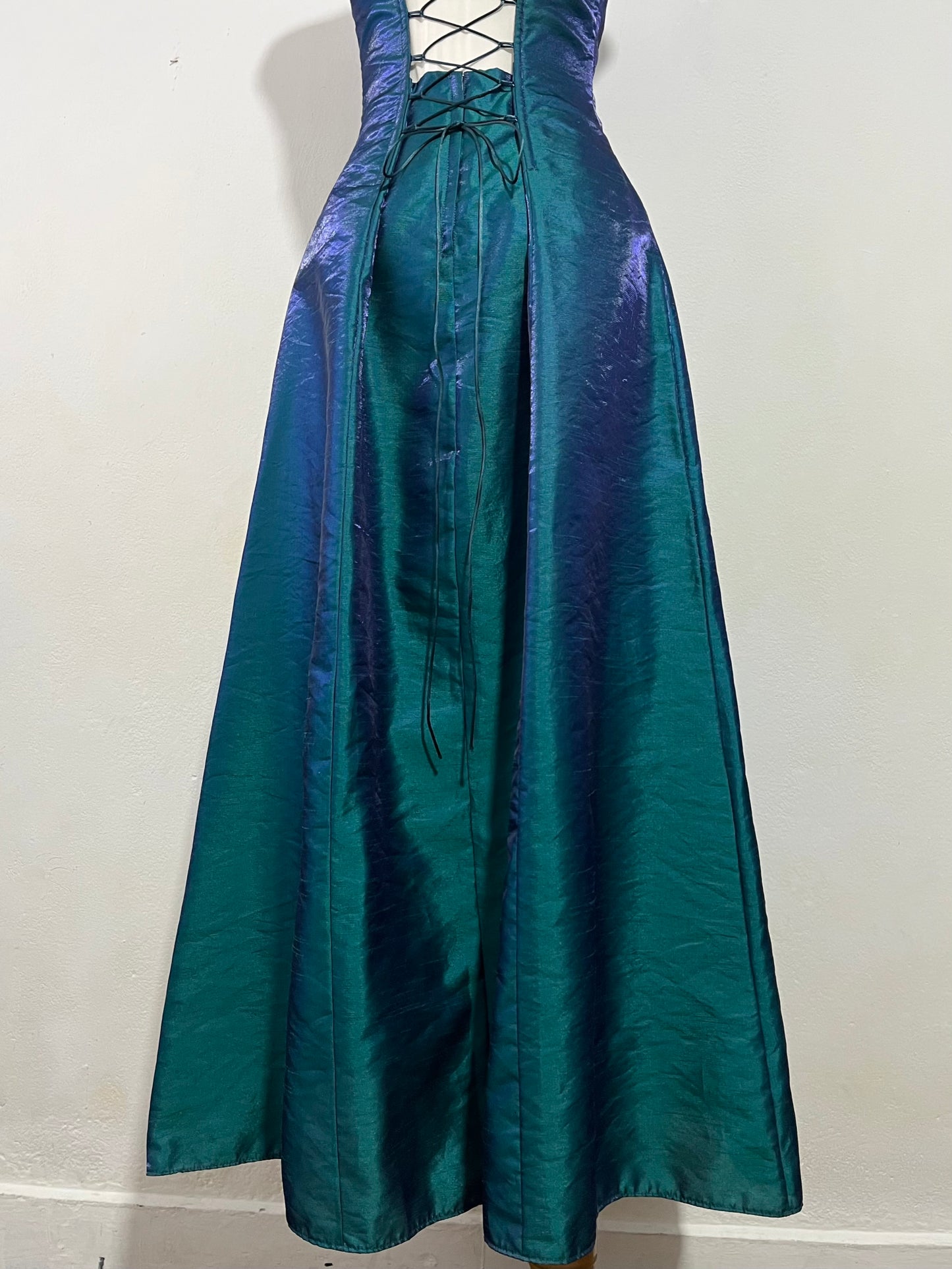 Teal corset dress in iridescent taffeta with floral appliqués and embroidery- size S