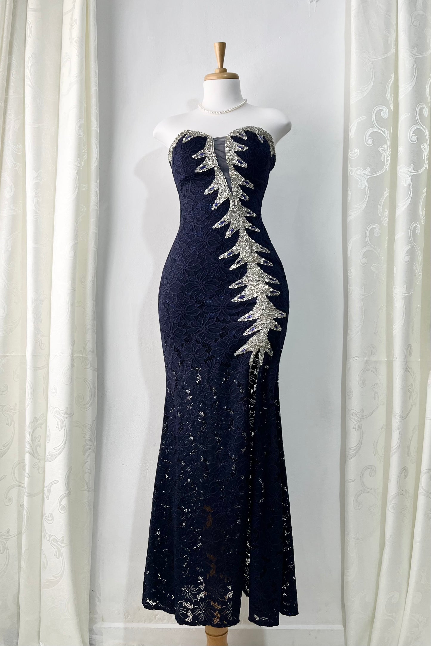 Dark blue corset lace dress with embroidered design