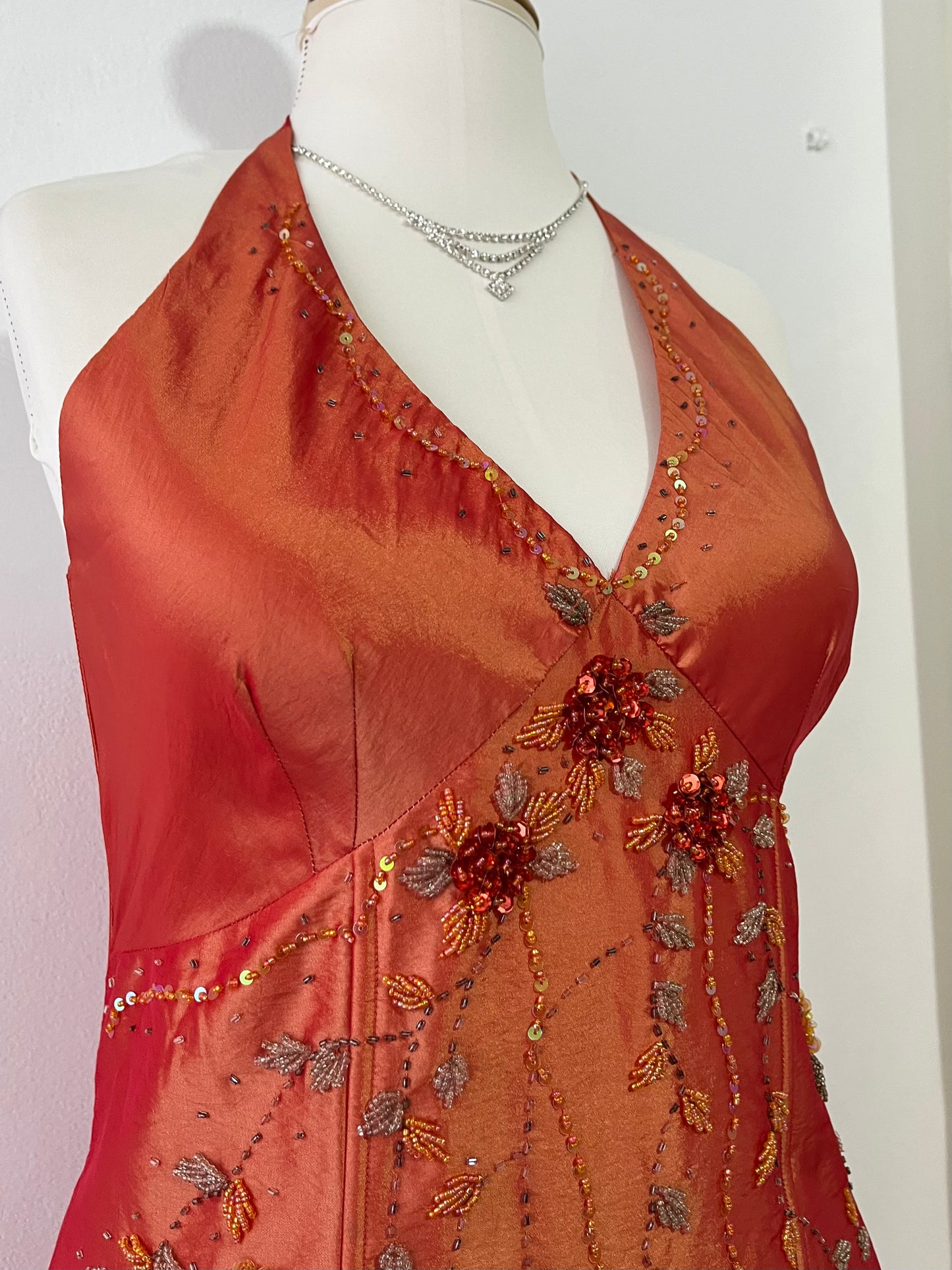 Amber taffeta corset dress decorated with exquisite hand-embroidered beads-size L