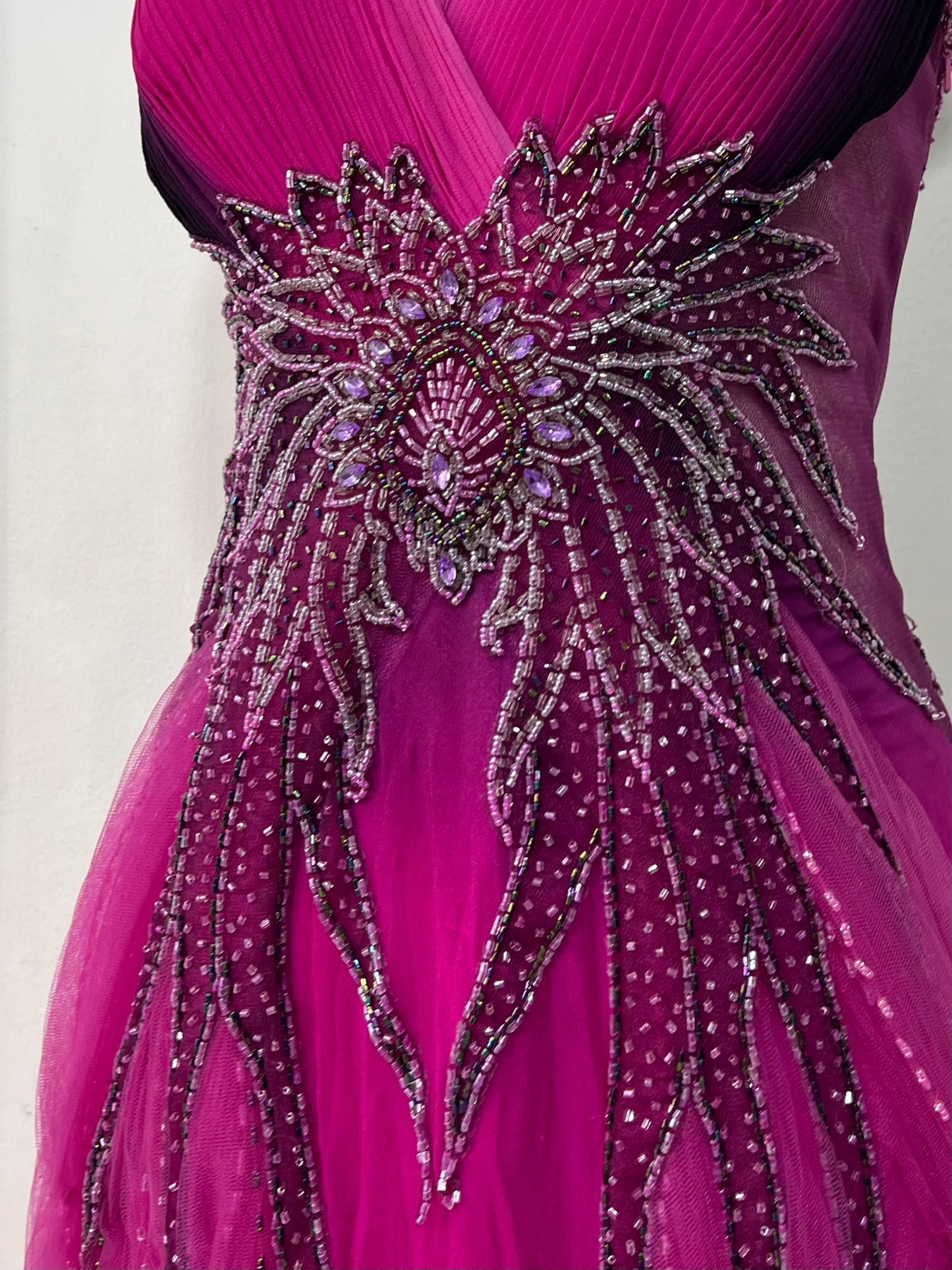 Captivating halter evening dress with fuchsia to dark violet gradient and rhinestone embroidery- size S