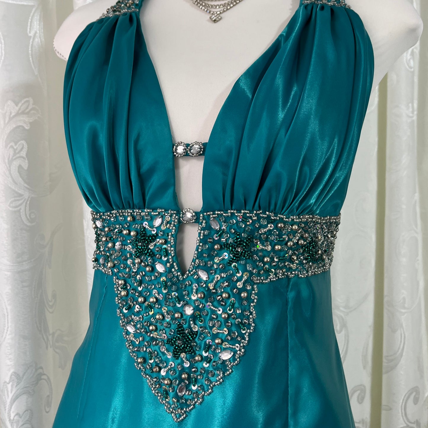 Teal satin beaded corset mini dress