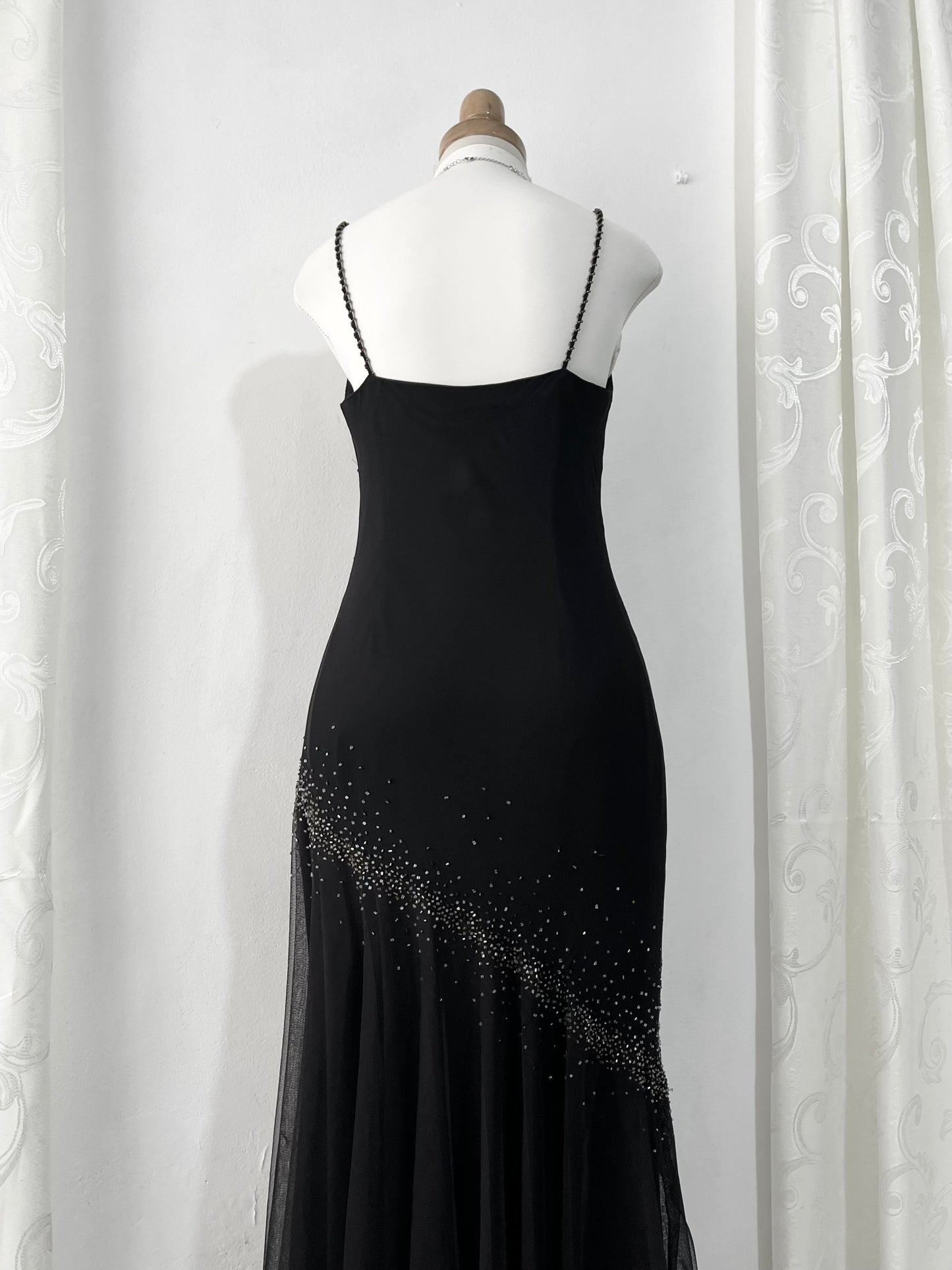 Silk noir dress with embroidered embellishments