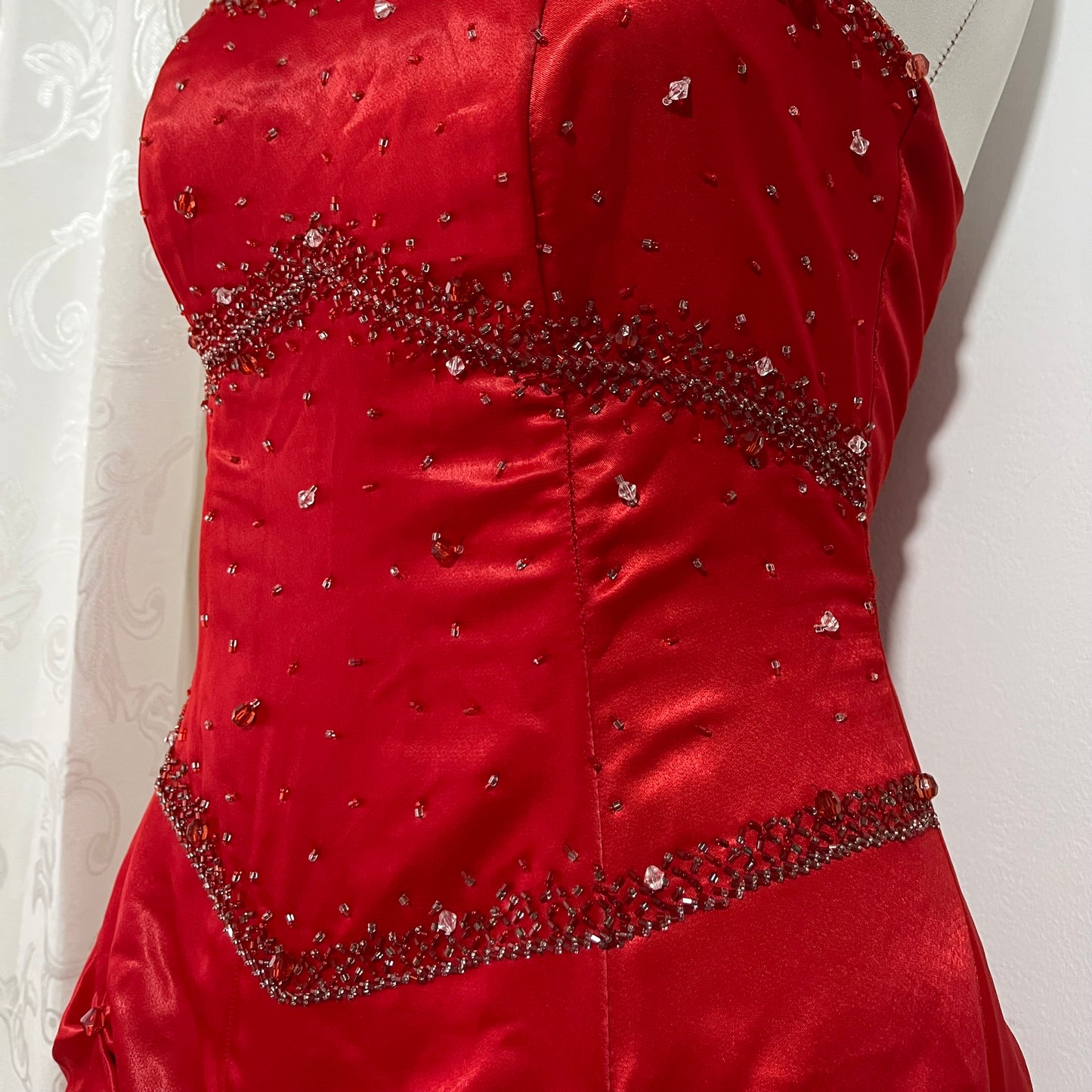 Red strapless corset evening gown with sequins and hand-sewn rhinestones- size M/L