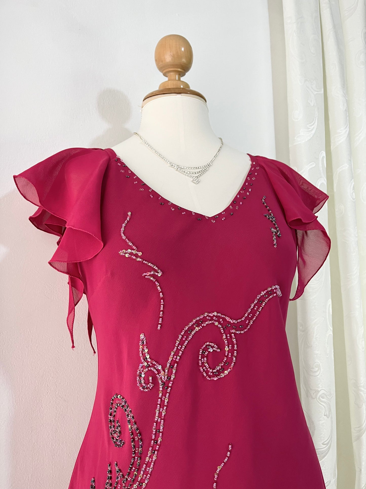 Fuchsia Midi Dress with Butterfly Sleeves and hand-embroidered rhinestone details- size XL