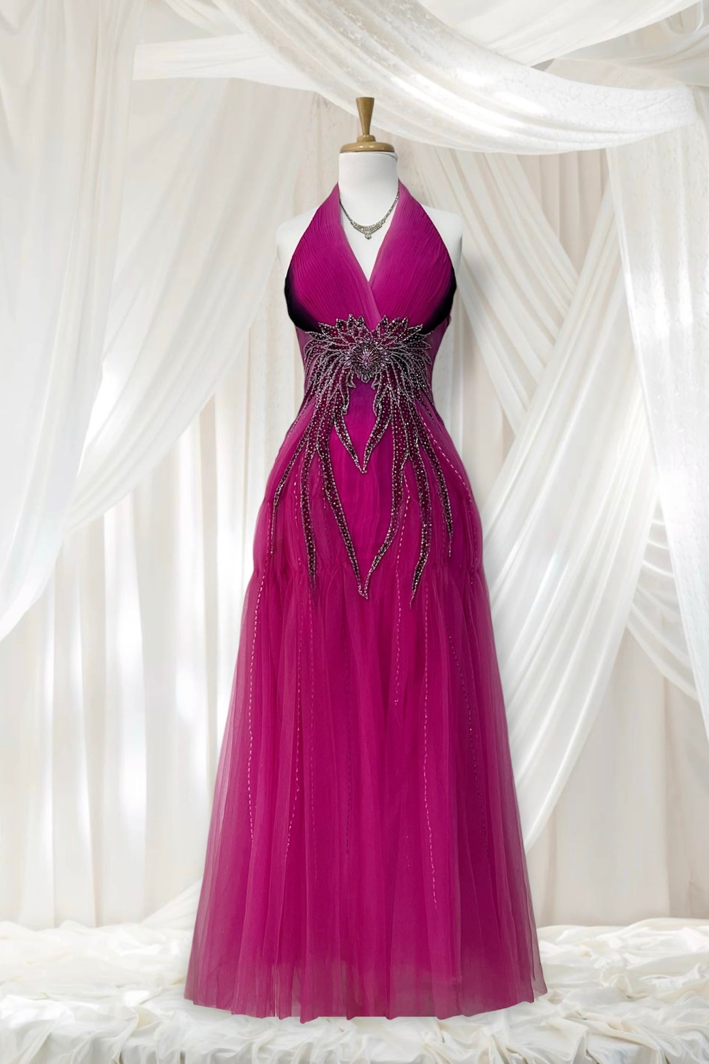 Magenta silk and chiffon dress with rhinestones and fine embroidered sequins