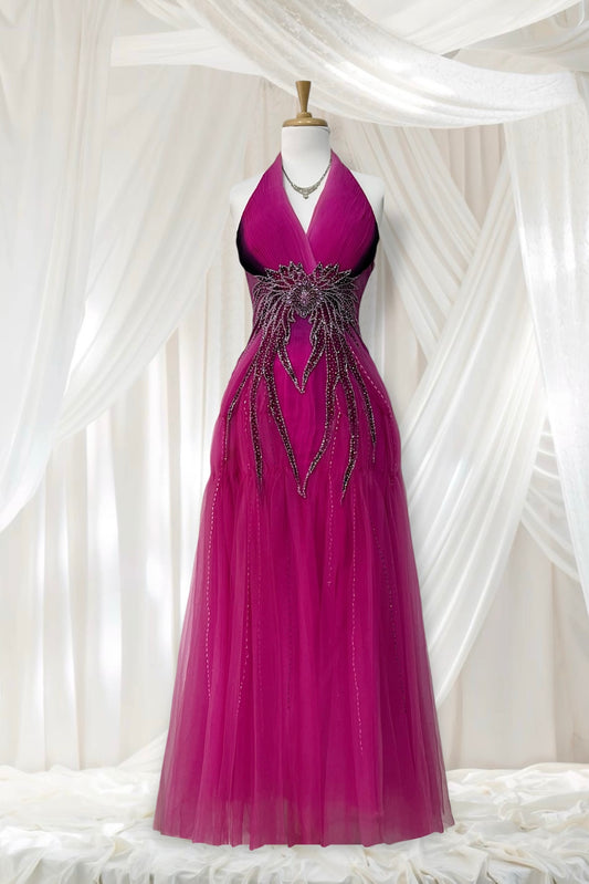 Magenta silk and chiffon dress with rhinestones and fine embroidered sequins