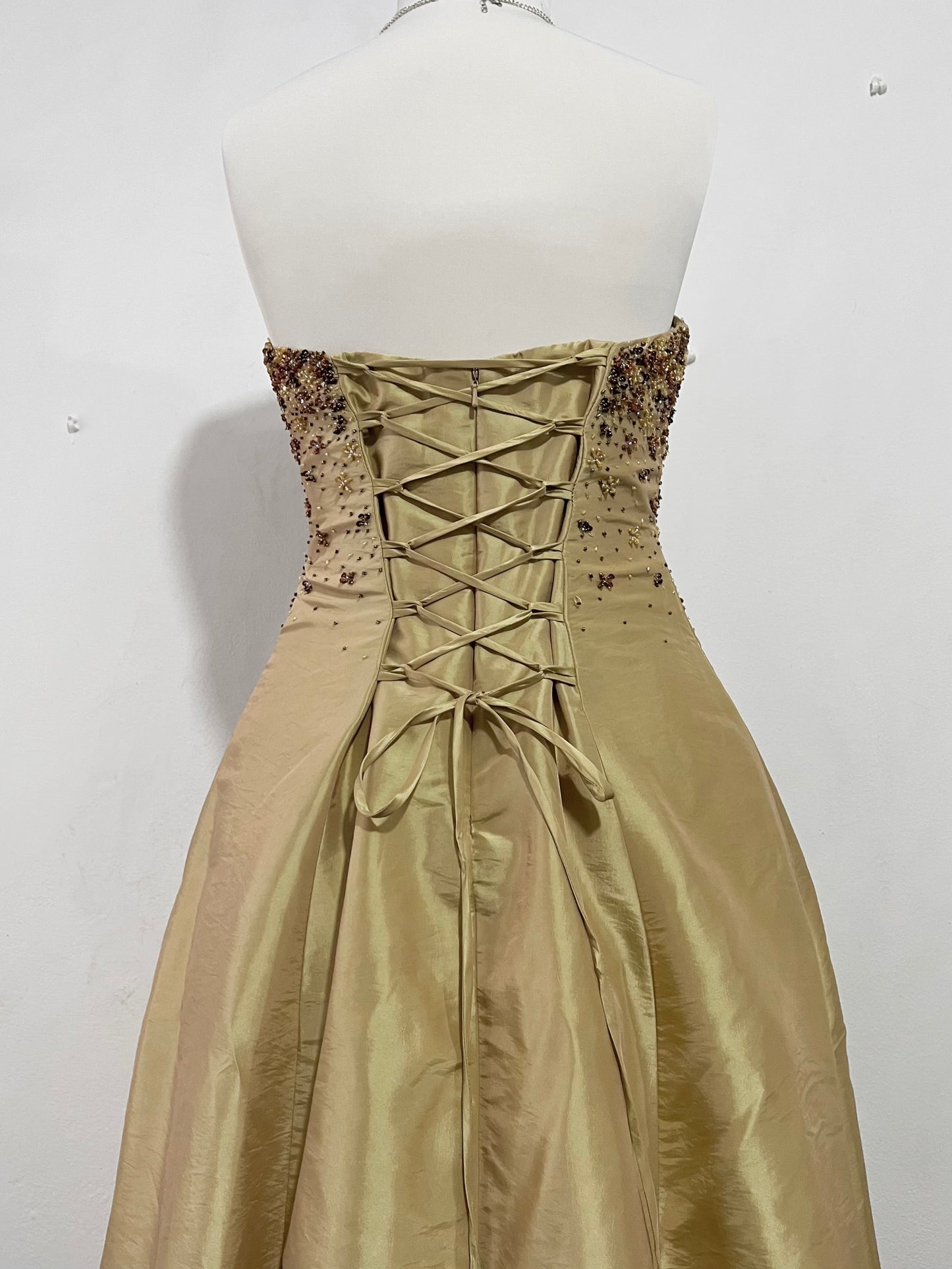 Champagne corset dress with fine sequins and hand embroidered embellishments-size M/L