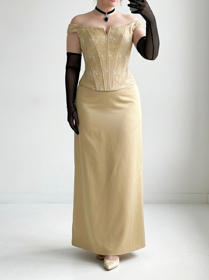 Pale gold satin silk set 2 piece corset and maxi skirt- Size M