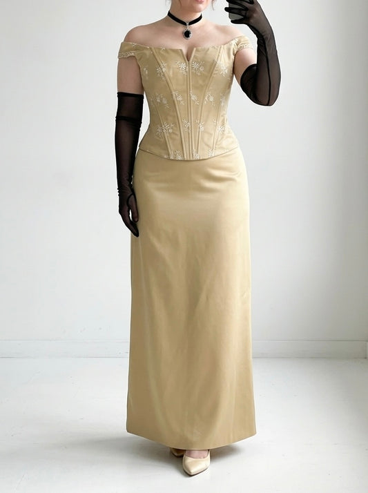 Pale gold satin silk set 2 piece corset and maxi skirt- Size M