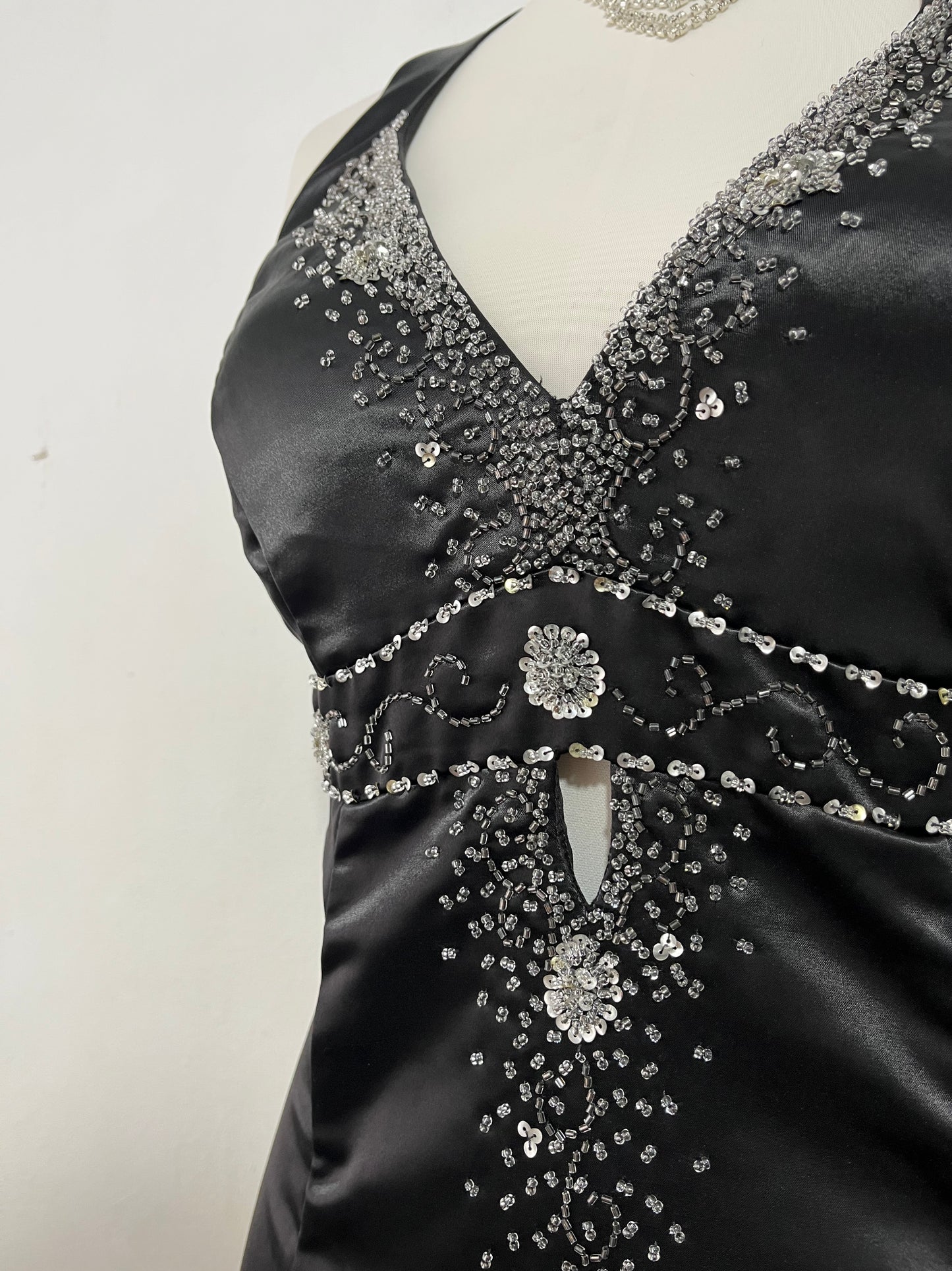 Noir silk satin halter corset dress with exquisite rhinestone embroidery- size L/XL