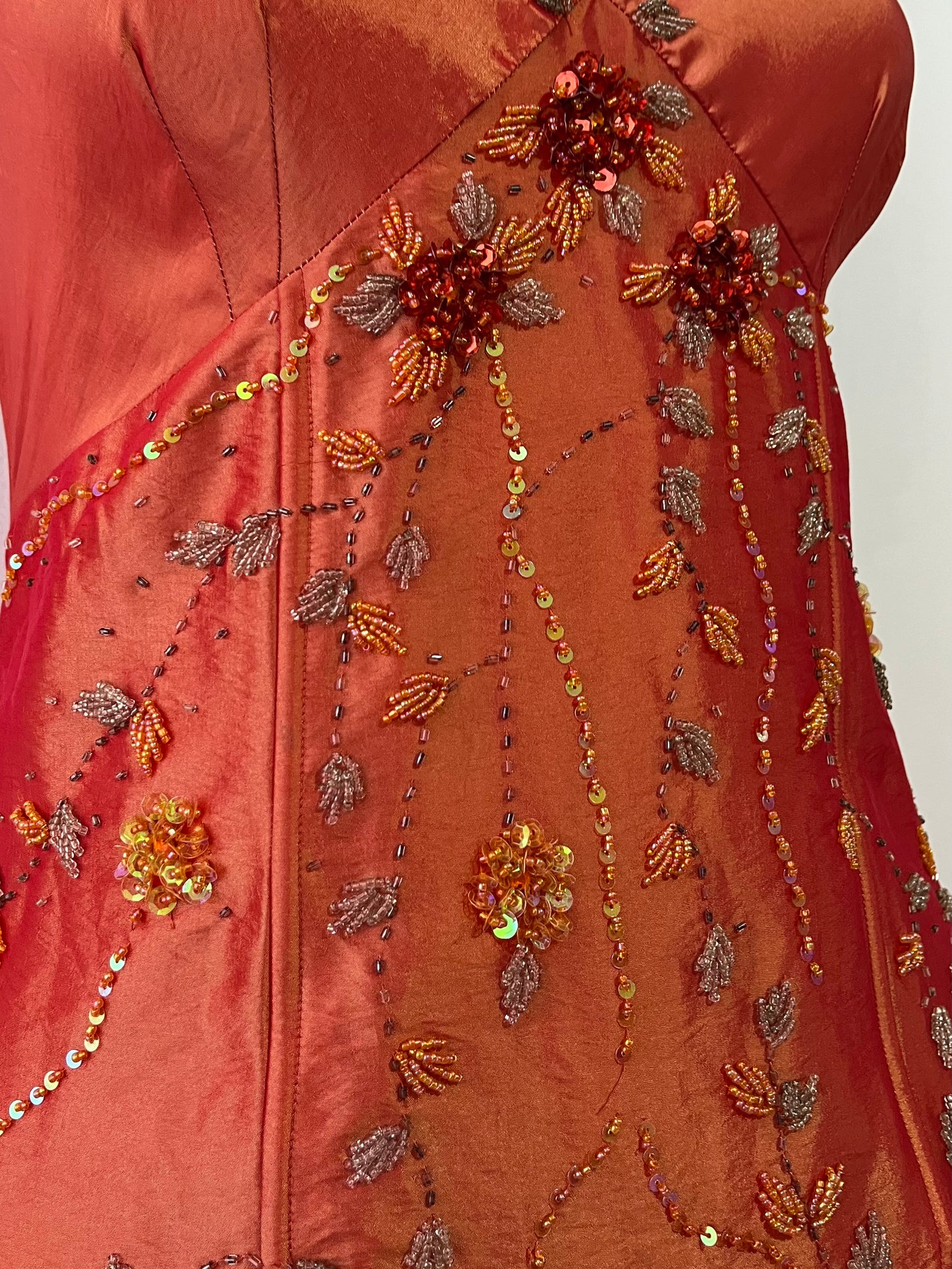 Amber taffeta corset dress decorated with exquisite hand-embroidered beads-size L