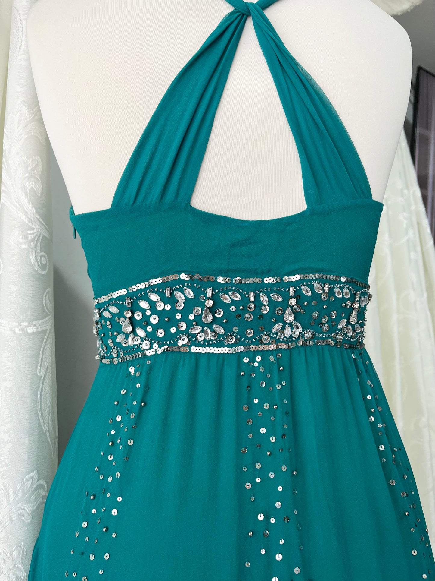 Teal silk dress with hand-embroidered sequins and rhinestones-one size: M