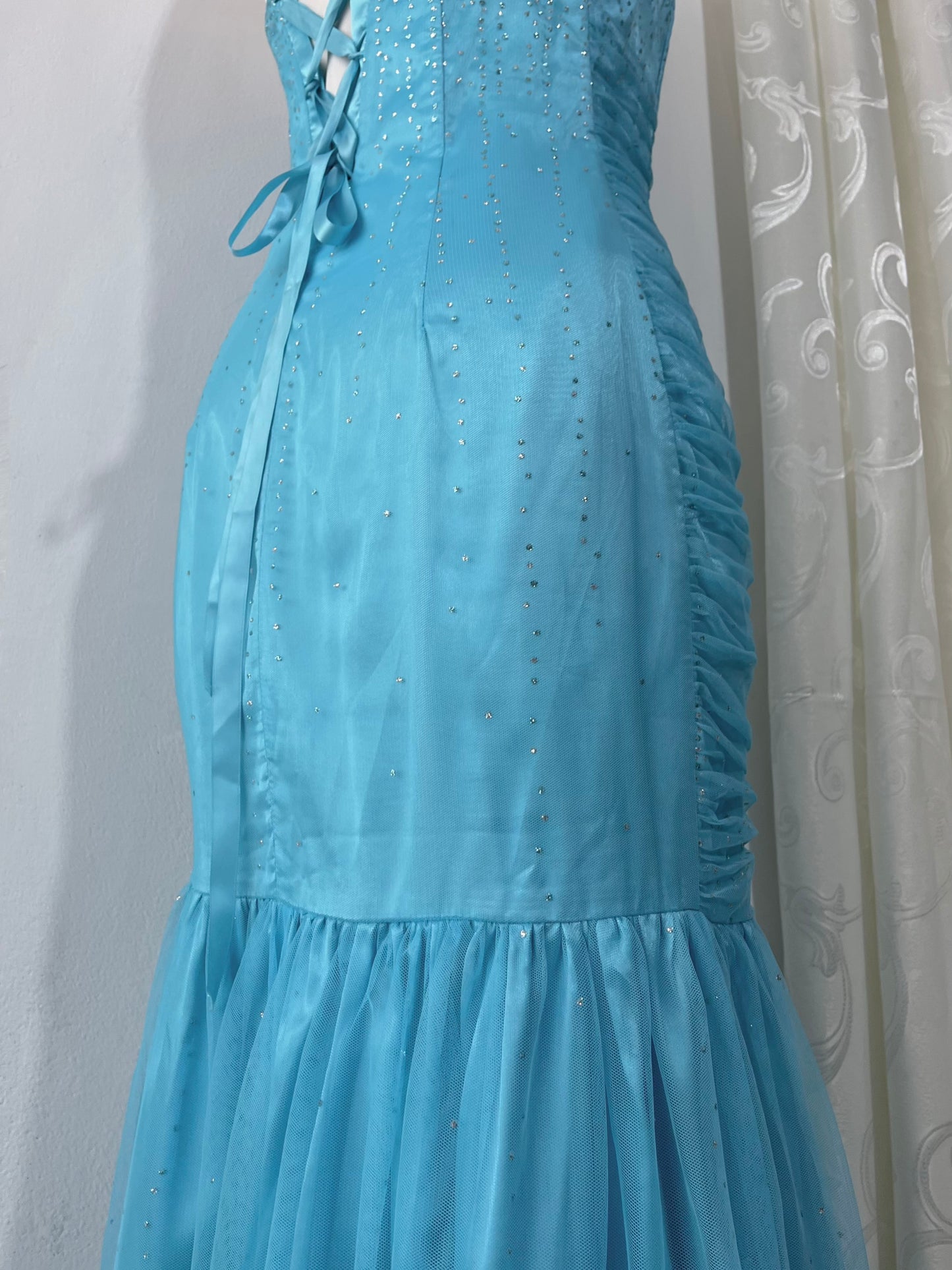 Light blue mermaid-style corset dress with silver sparkles-size S