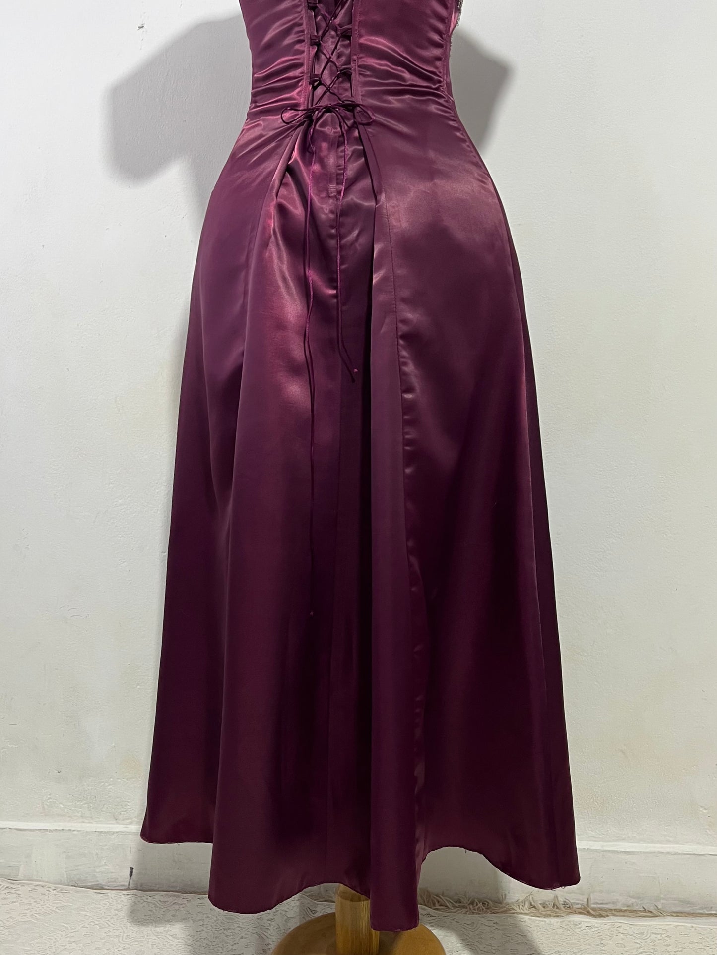 Wine purple satin corset dress with exquisite sequin and rhinestone embroidery- L/XL