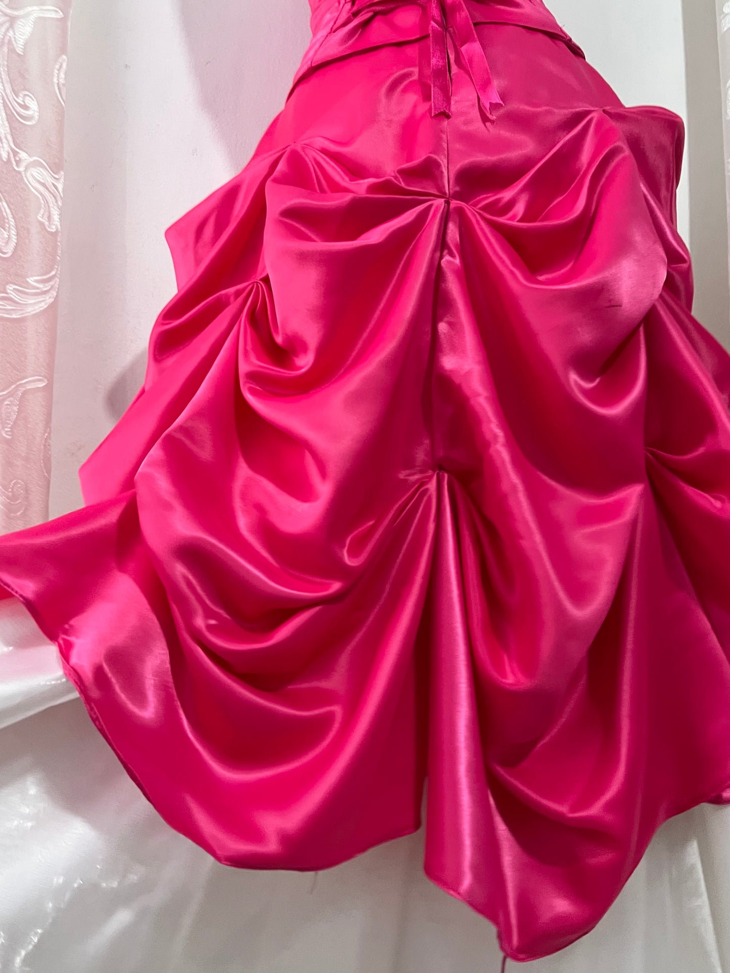 Fuchsia corset princess dress with floral embroidery, satin silk skirt with pearly chiffon lining- size XS