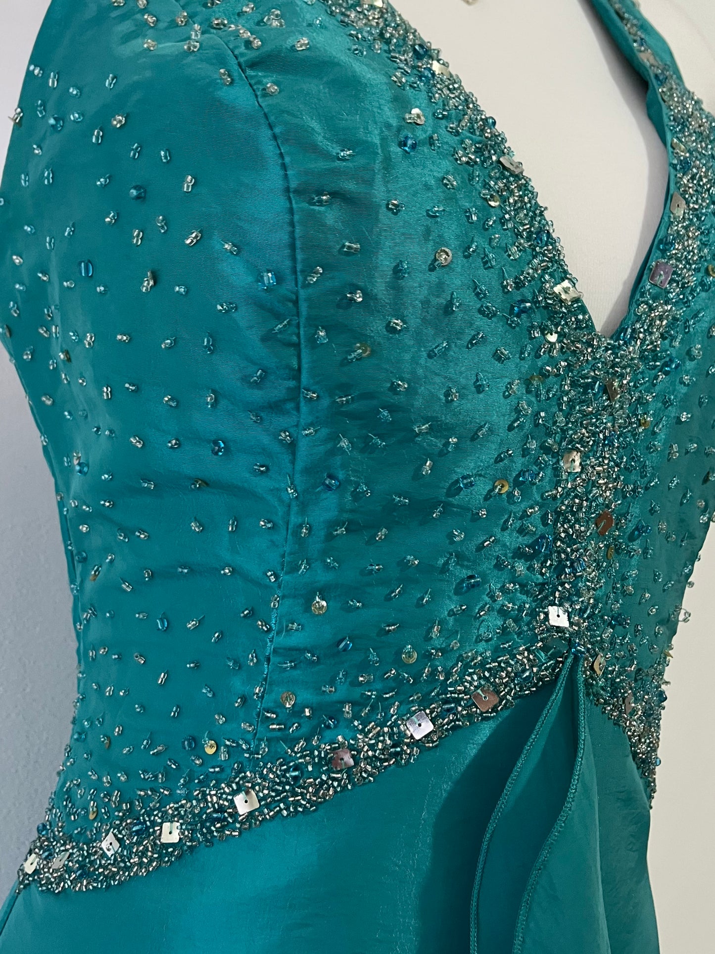 Teal mermaid style corset dress with hand embroidered rhinestones and beads-size S