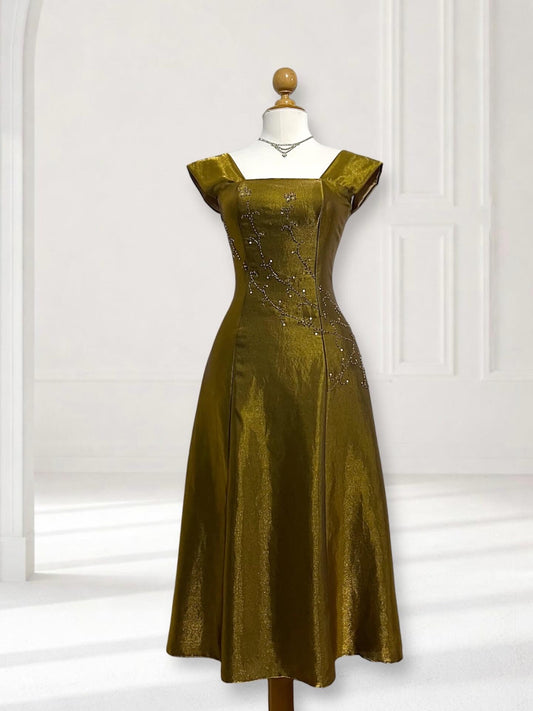 Vintage iridescent bronze corset dress with rhinestone and sequin embroidery- size M