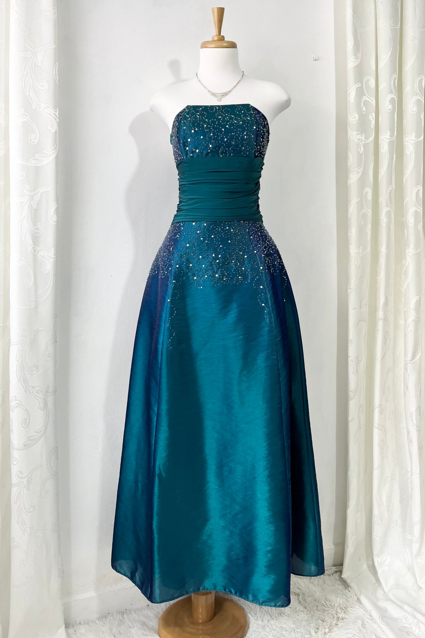 Iridescent teal corset dress with exquisite embellishments and hand-embroidered beads+ matching shawl