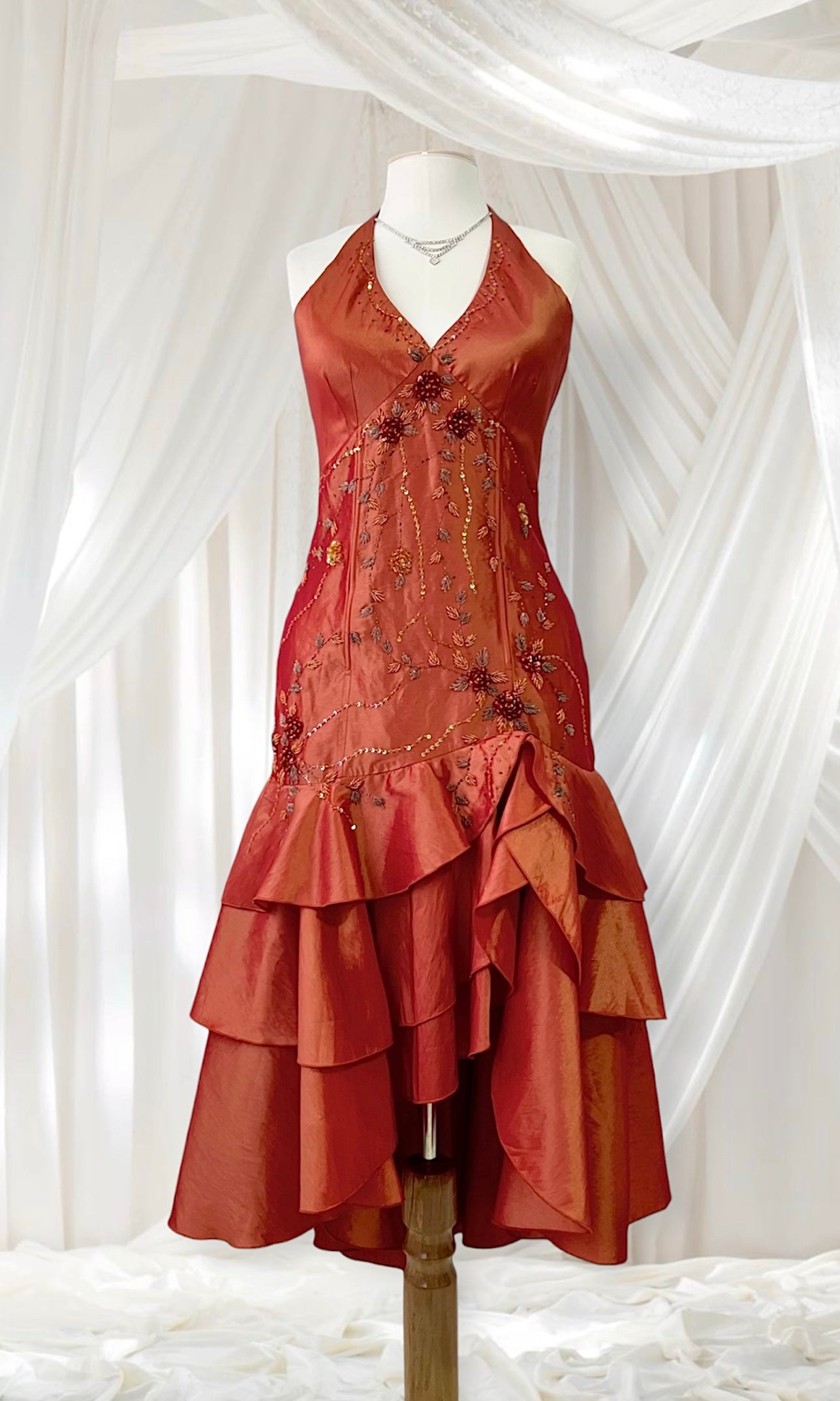 Amber taffeta corset dress decorated with exquisite hand-embroidered beads-size L
