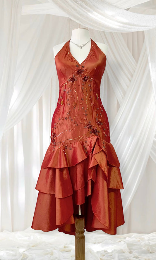 Amber taffeta corset dress decorated with exquisite hand-embroidered beads-size L