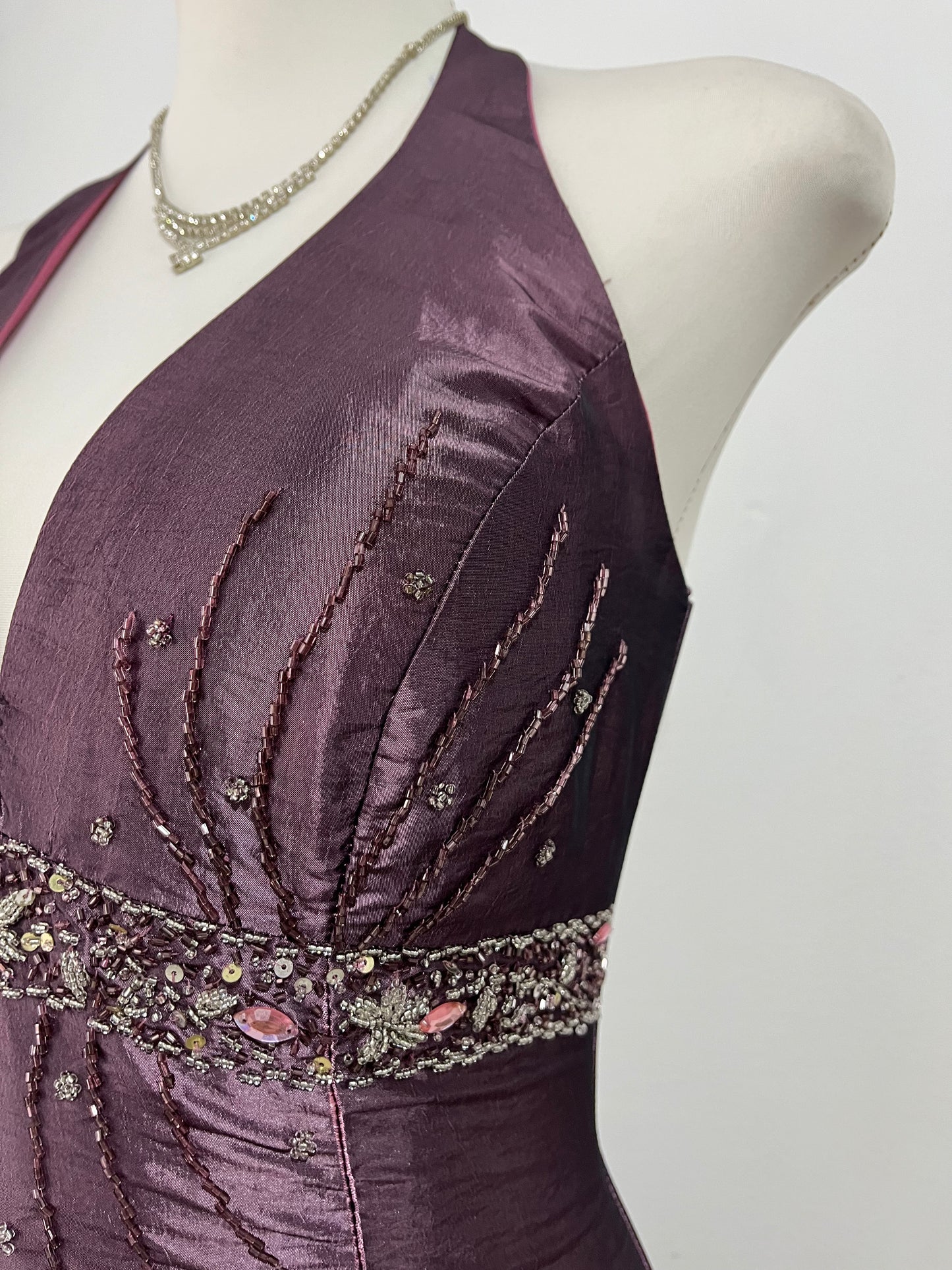 Iridescent taffeta purple corset dress with exquisite hand-embroidered sequins and rhinestones- size S