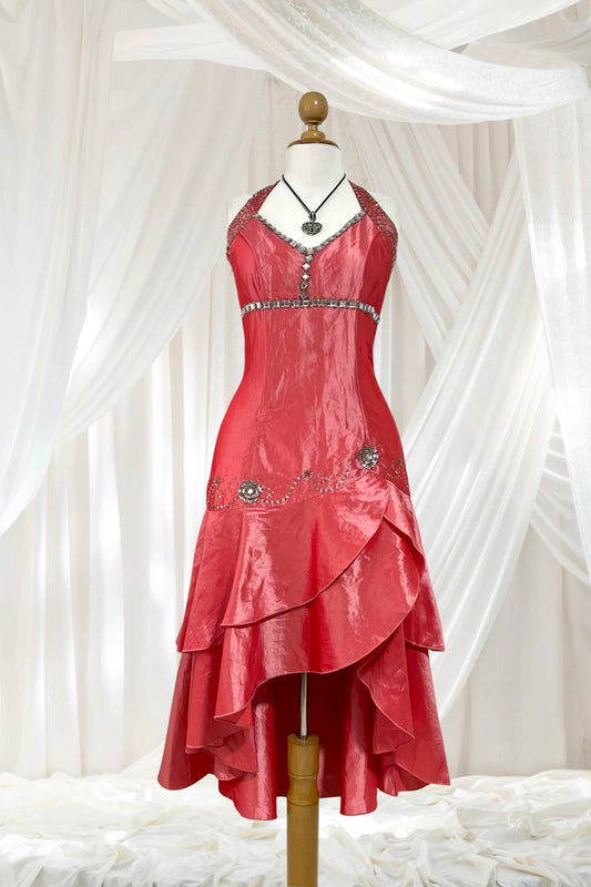 Vintage taffeta halter corset dress with hand~embroidered rhinestones and sequins- Size L/XL