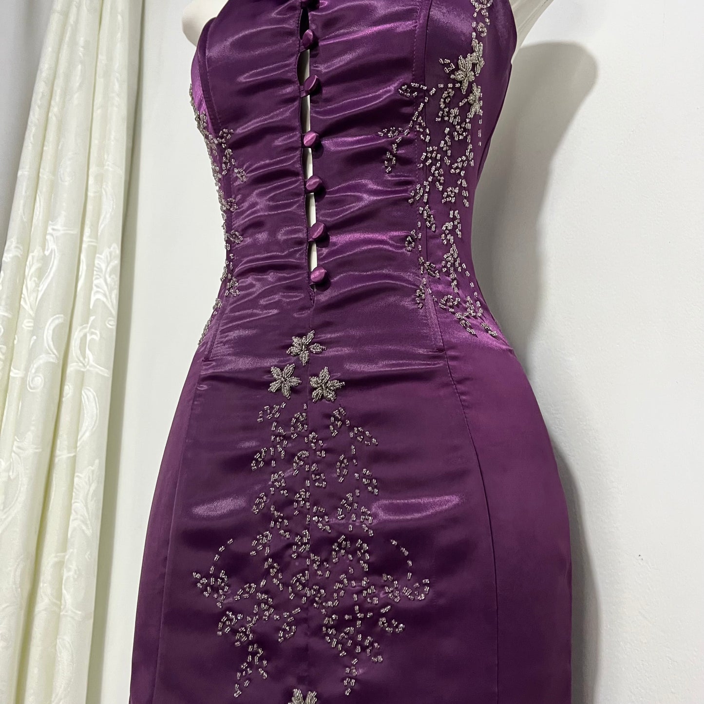 Corset evening dress in a vibrant purple color with exquisite handmade floral embroidery- size S