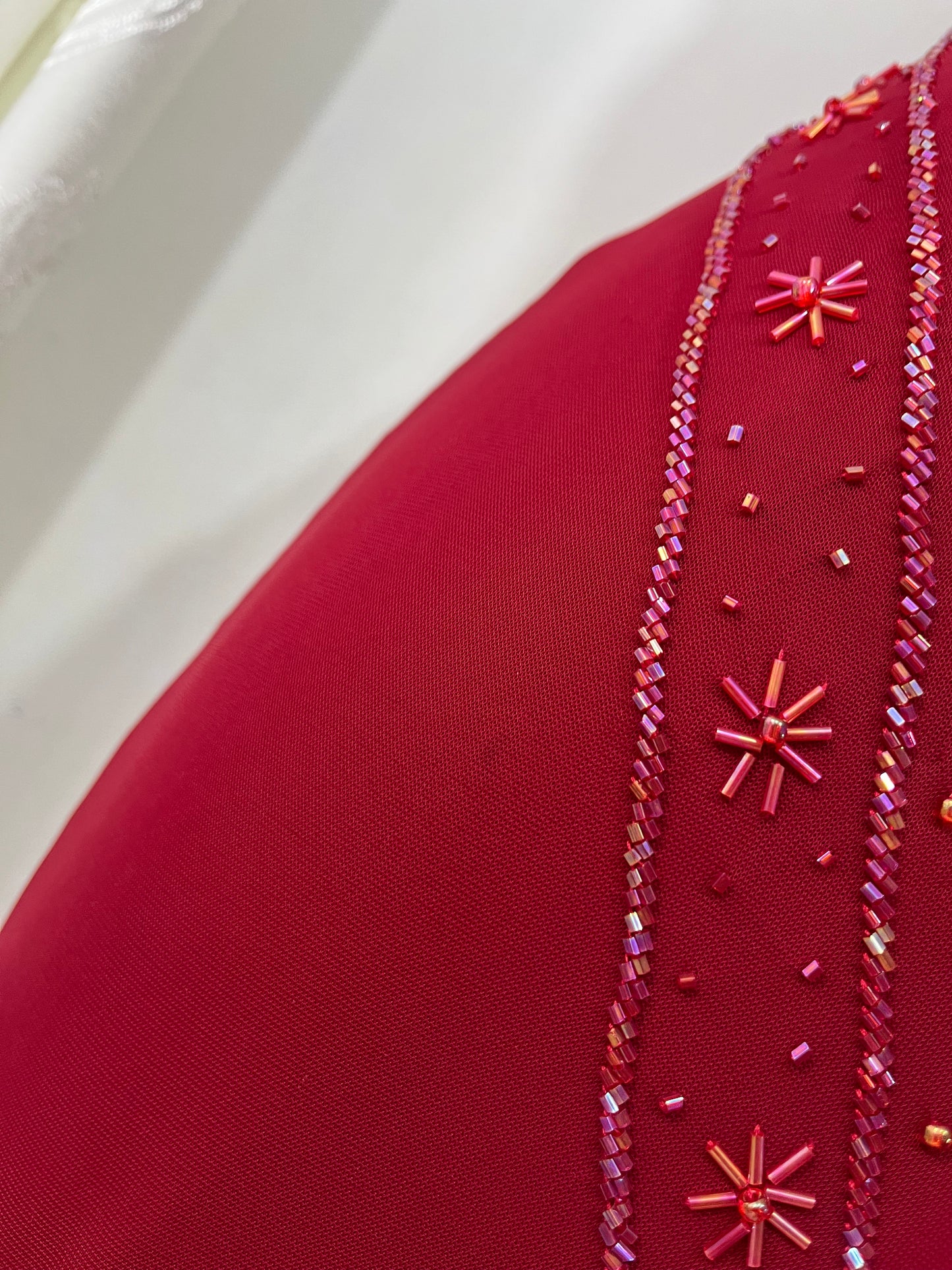 Red dress with rhinestone and fine sequin embroidery