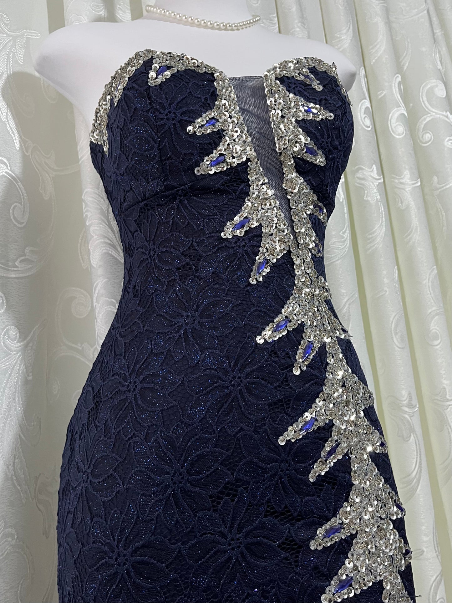 Dark blue corset lace dress with embroidered design