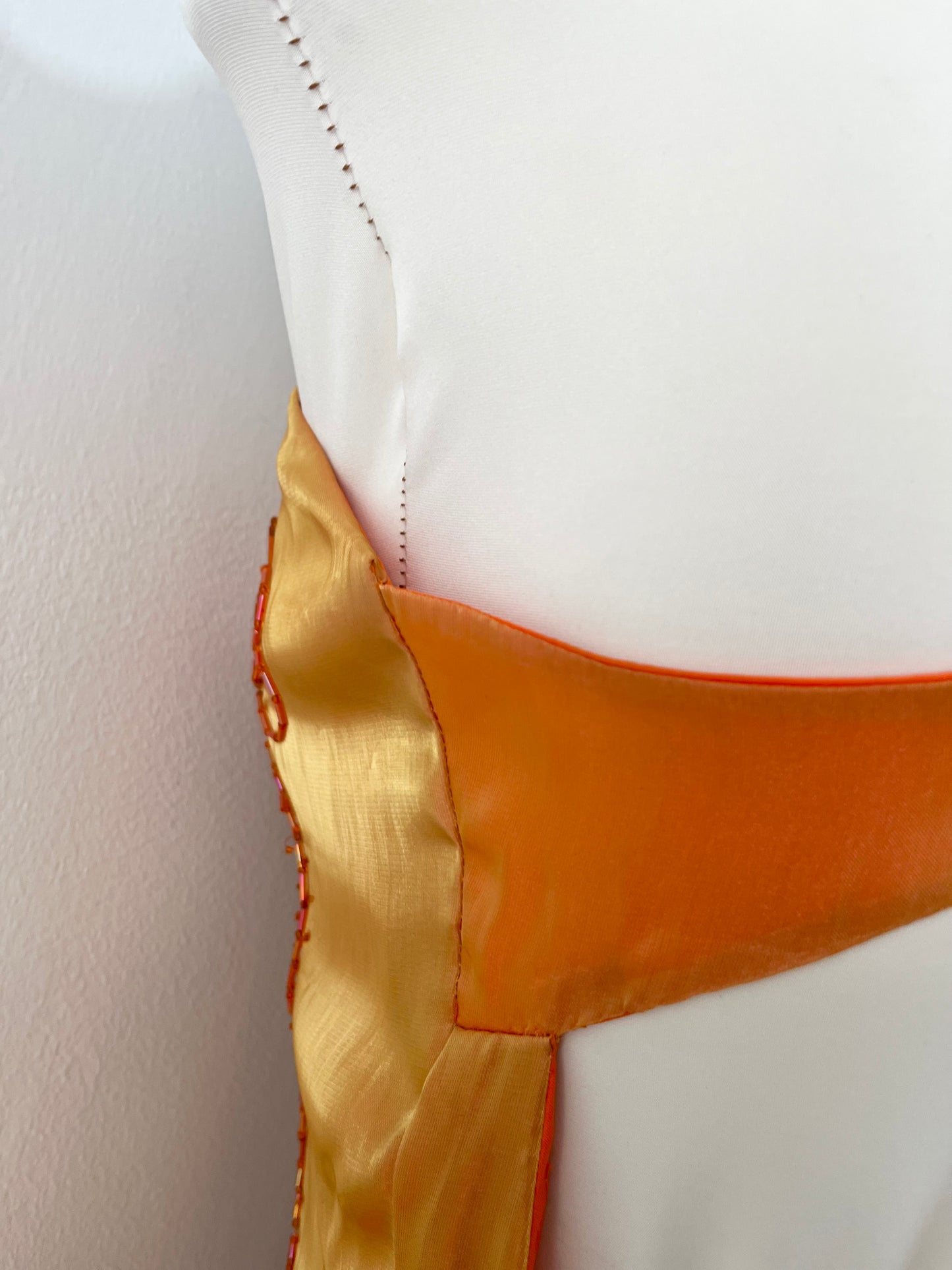 Gradient amber gown with asymmetrical overskirt and beaded embroidery-size S