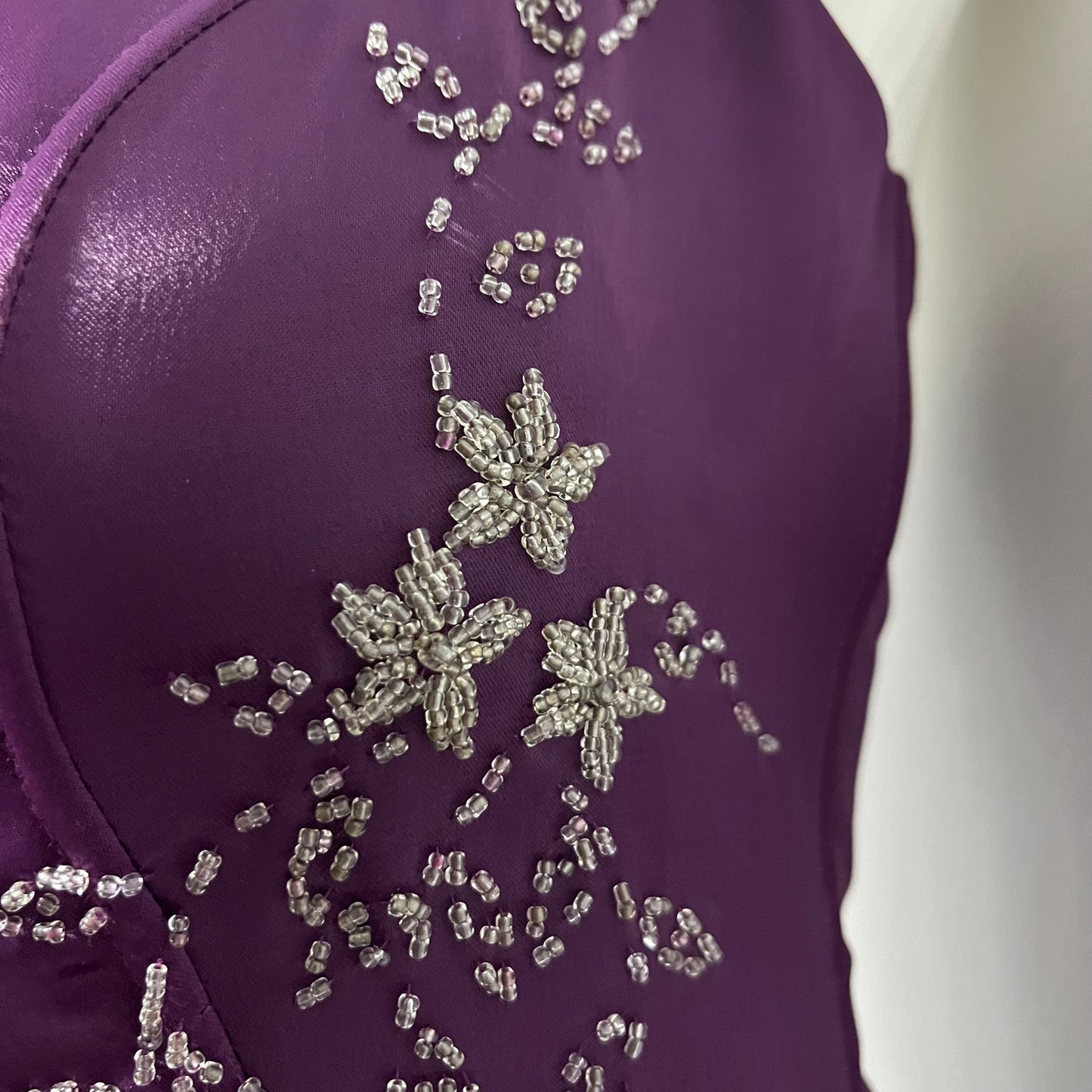 Corset evening dress in a vibrant purple color with exquisite handmade floral embroidery- size S