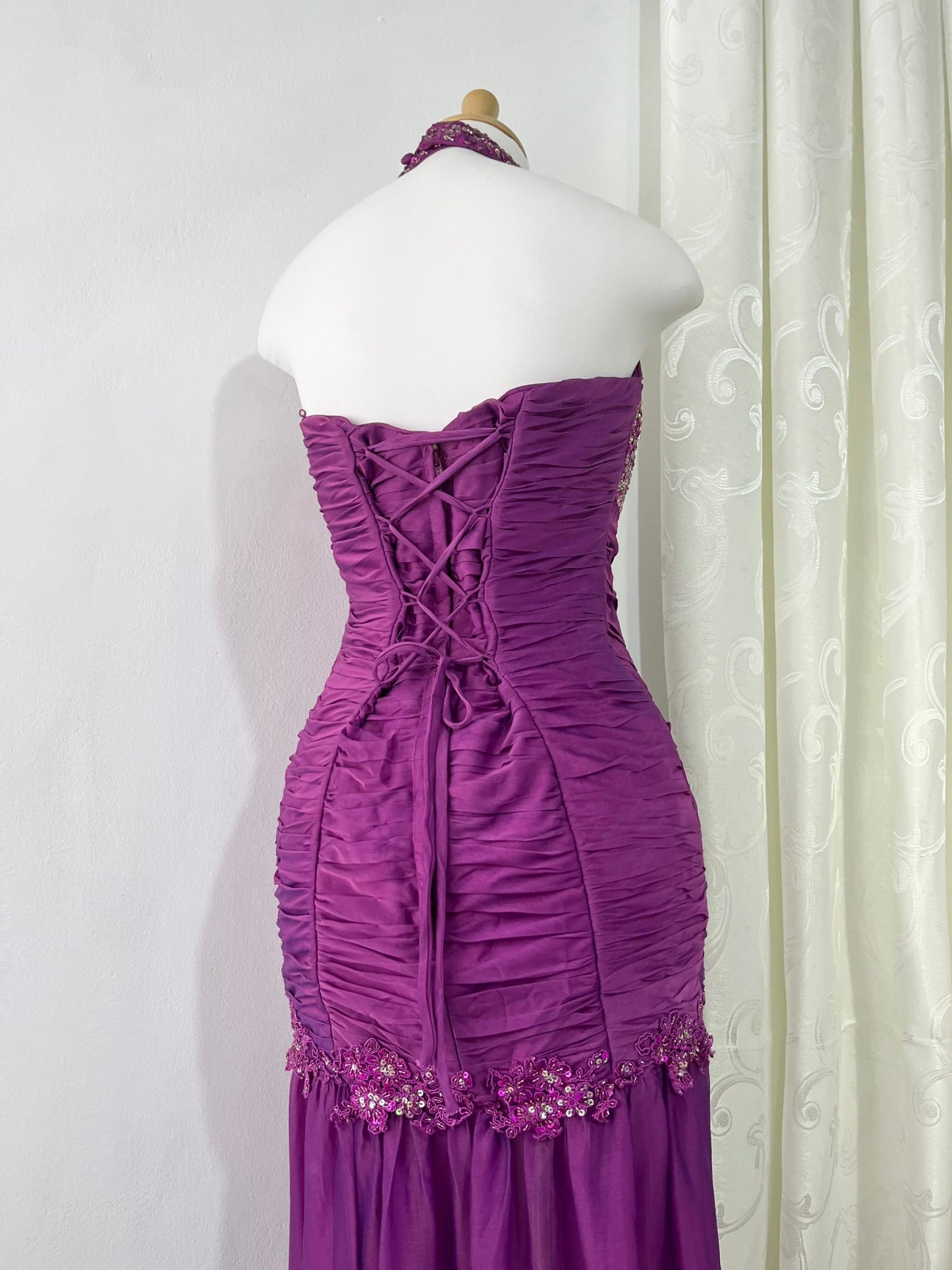 Purple corset dress with embroidered sequin and floral designs-one size: Fits S/M