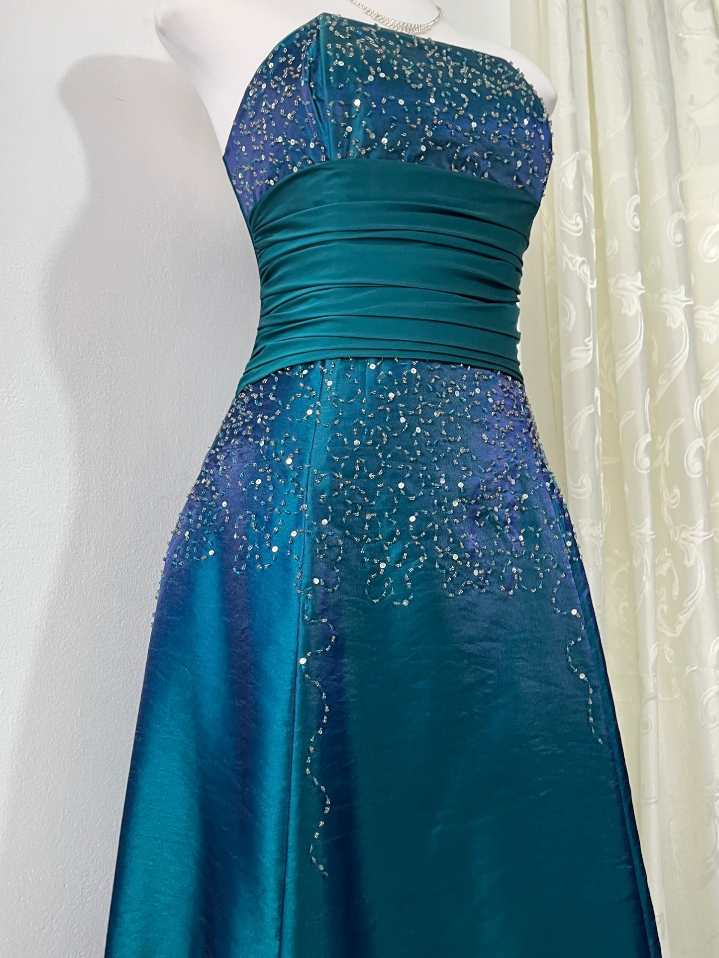 Iridescent teal corset dress with exquisite embellishments and hand-embroidered beads+ matching shawl
