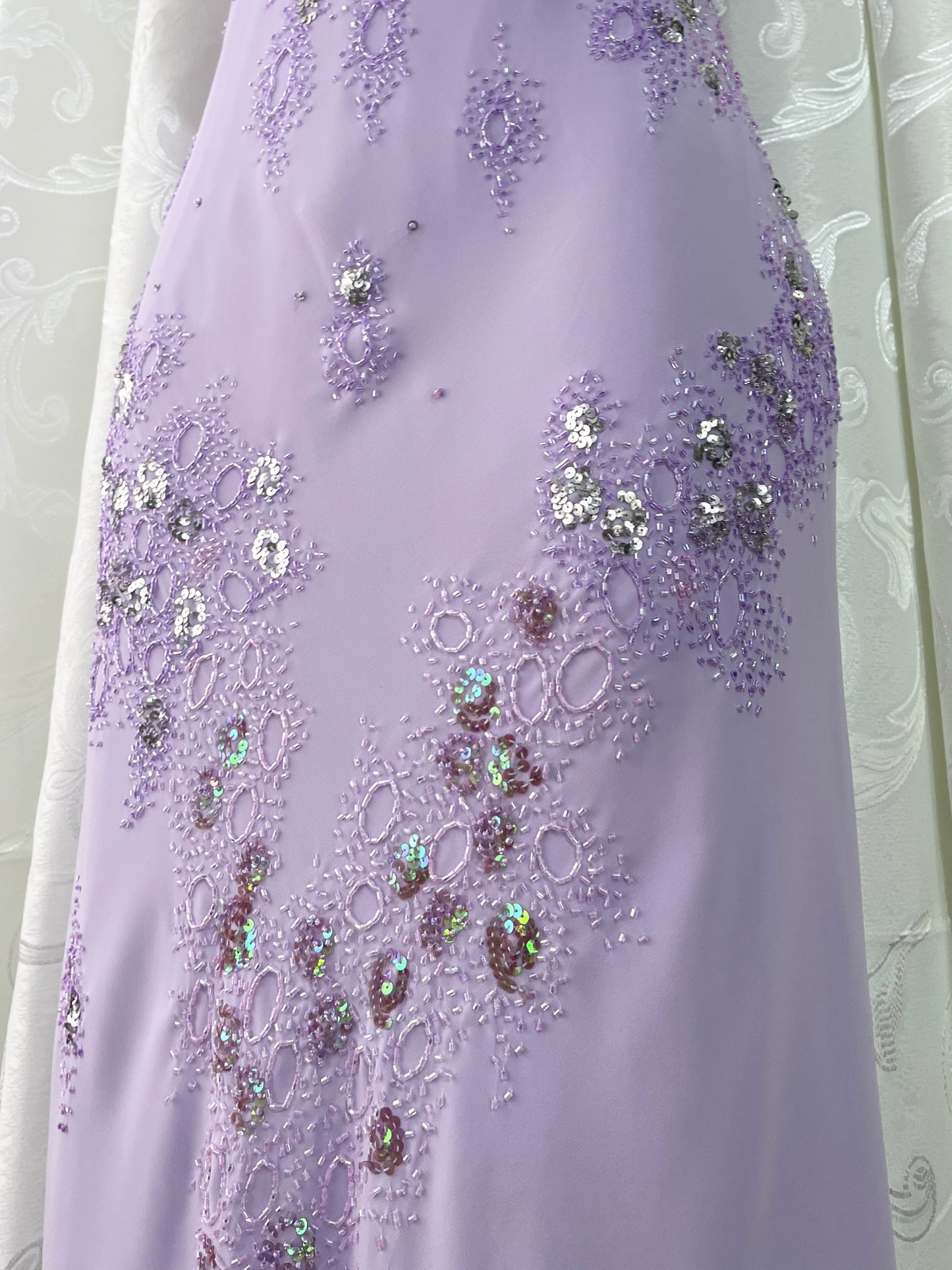 Captivating long dress in pastel lavender with sequin and bead embroidery