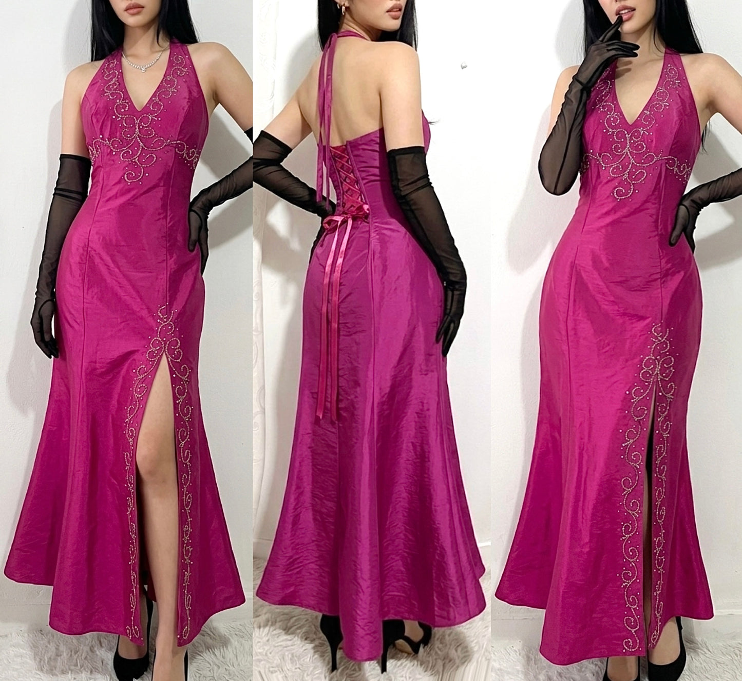 Fuchsia corset dress with exquisite hand sewn beadwork -Size M