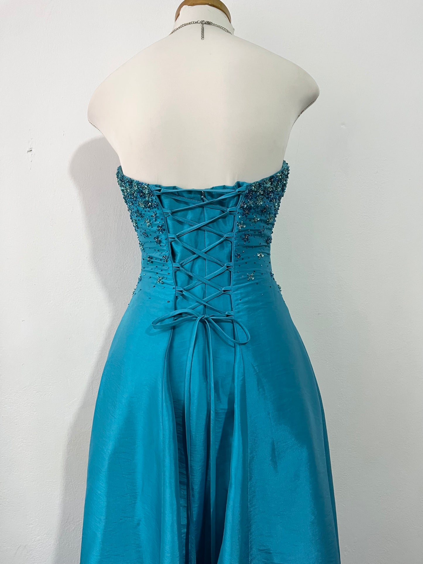 Corset evening dress in a vibrant turquoise color with exquisite handmade floral embroidery- size S