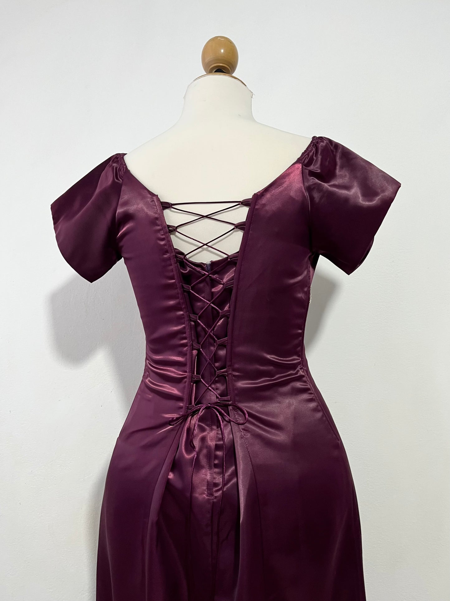 Wine purple satin corset dress with exquisite sequin and rhinestone embroidery- L/XL