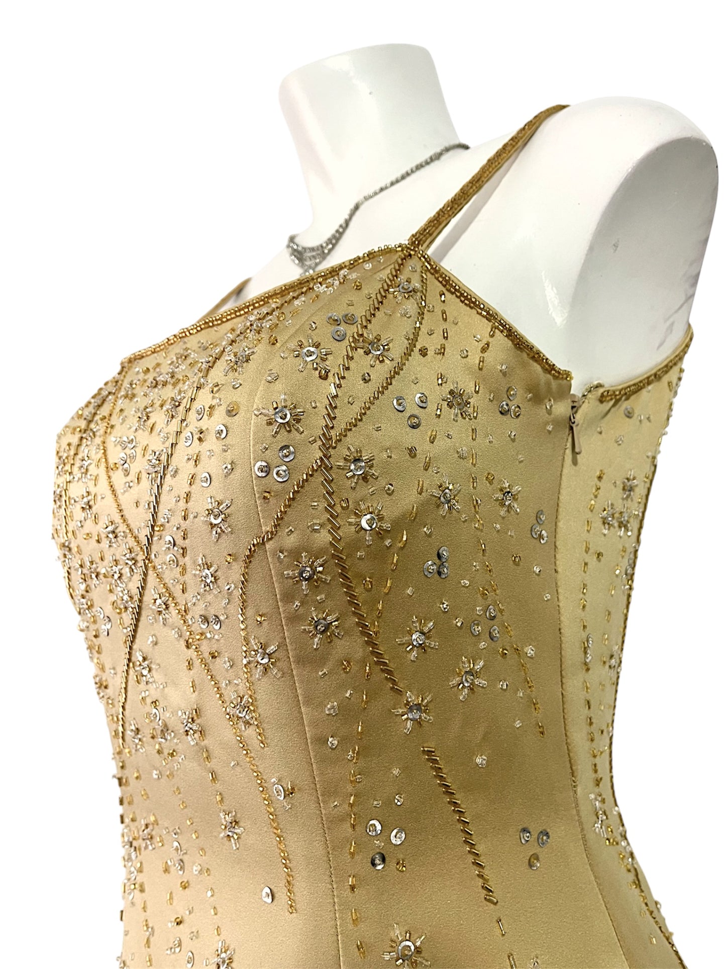 Champagne evening dress with exquisite handmade floral embroidery- size S