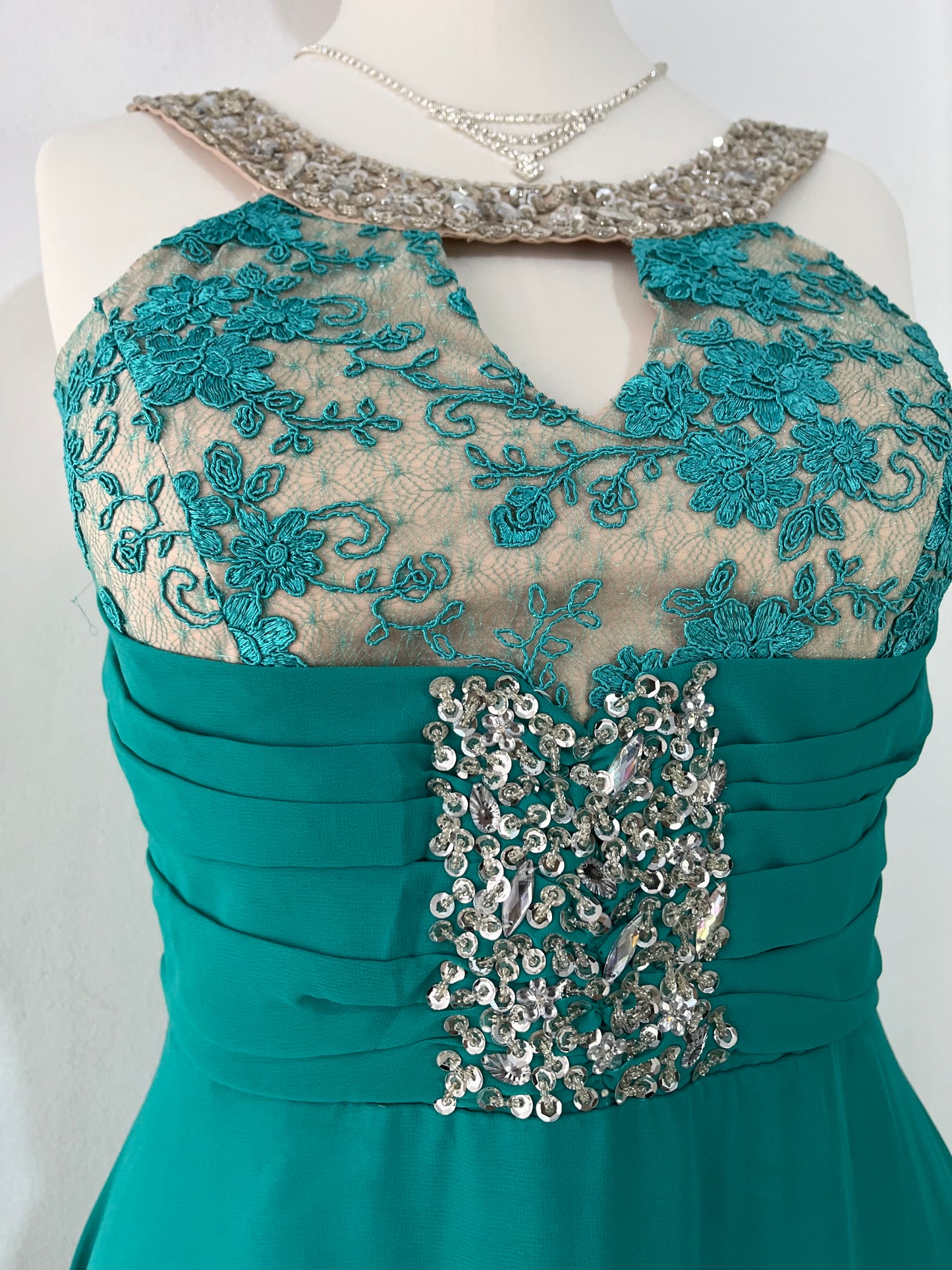 Emerald green gown corset gown with lace bodice and rhinestone details- size M