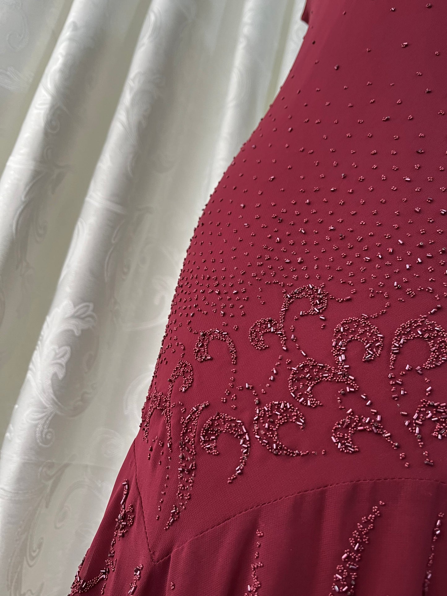 Burgundy gown dress with intricate designs and embroidery on the bodice and skirt - Size XL