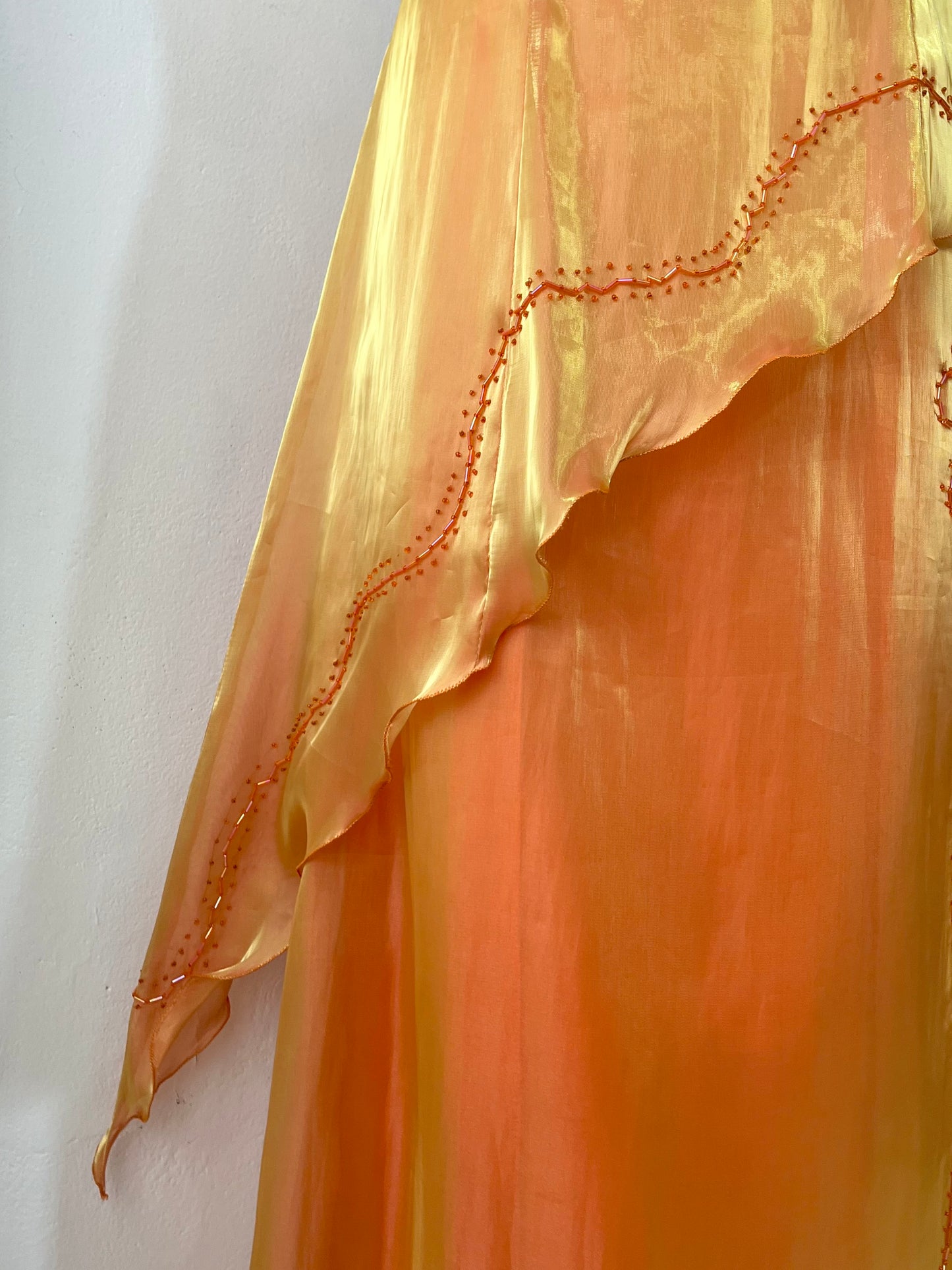 Gradient amber gown with asymmetrical overskirt and beaded embroidery-size S