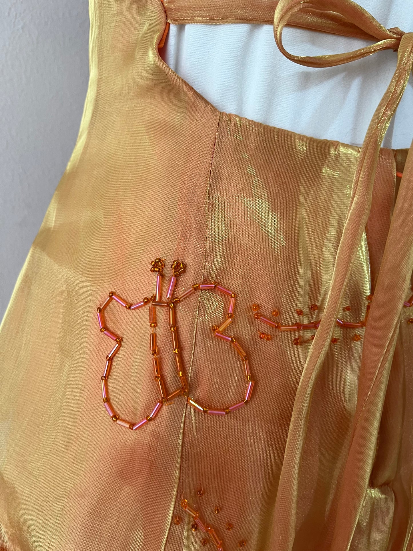 Gradient amber gown with asymmetrical overskirt and beaded embroidery-size S