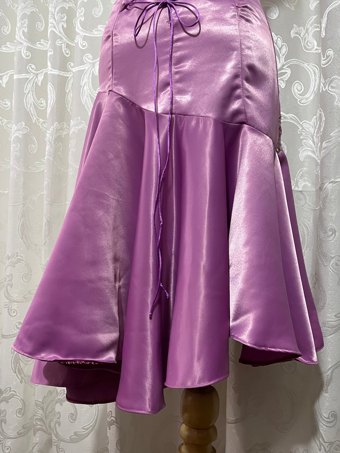 Asymmetrical midi corset dress in lilac pink satin with rhinestone and bead embroidery- size S