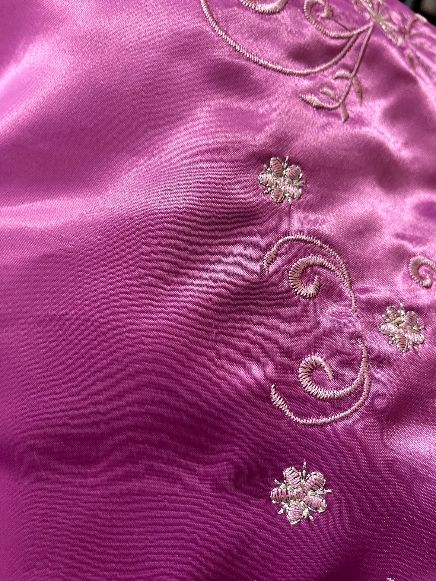 Magenta corset dress with floral designs embroidered in lilac and silver thread