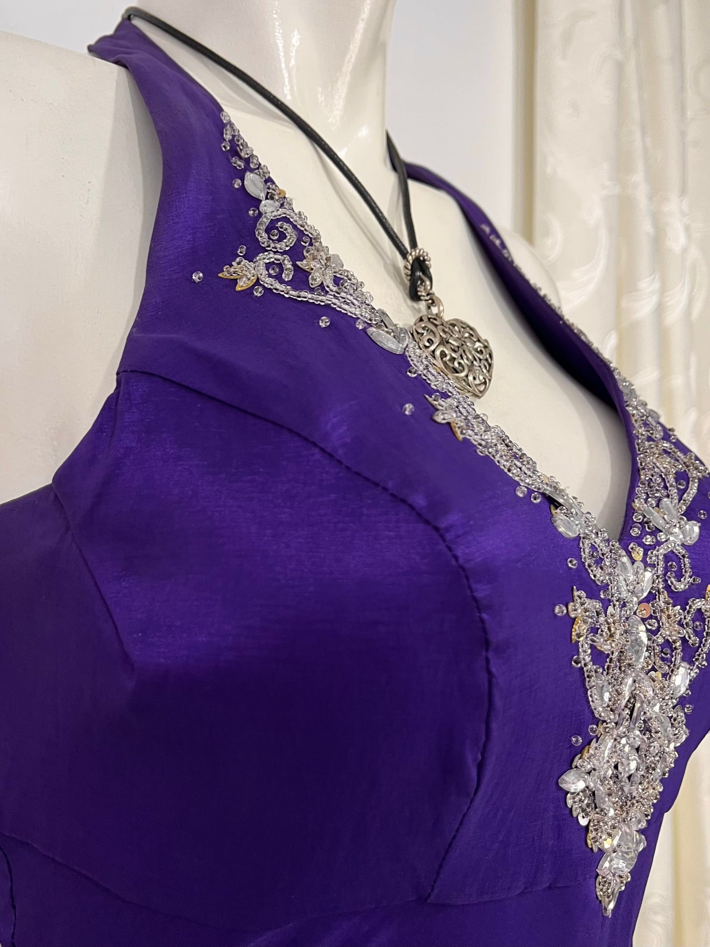 Purple blue Iridescent taffeta stretch halter dress with rhinestones and embellishments- size M