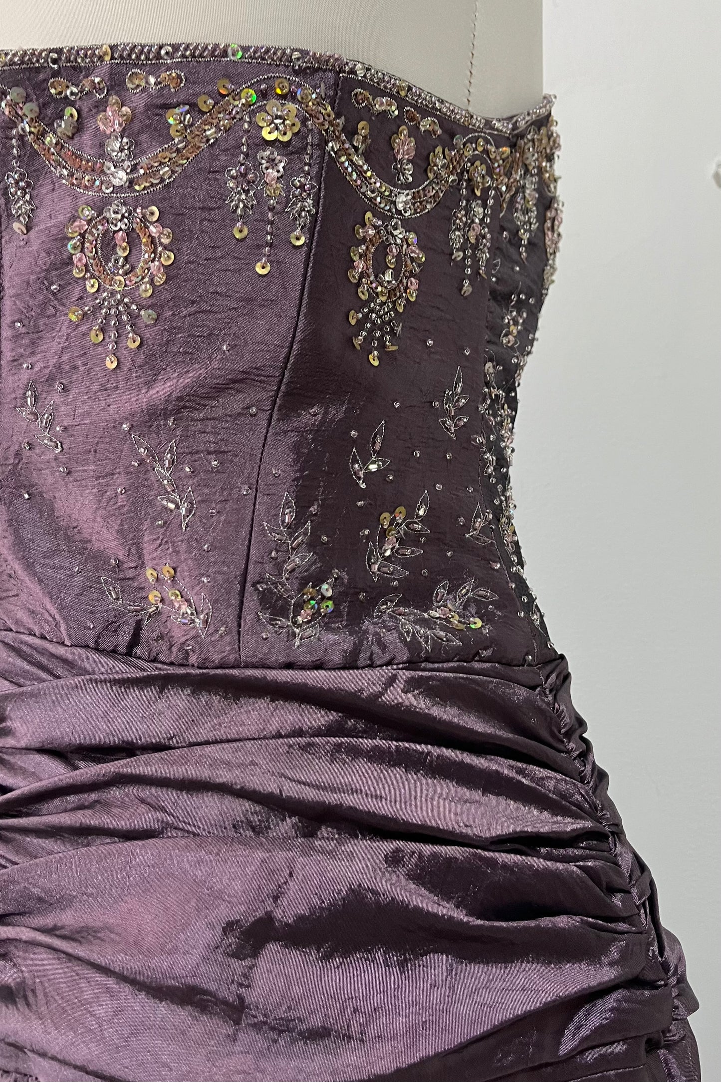 Vintage taffeta evening corset dress with hand embroidered embellishments and rhinestones