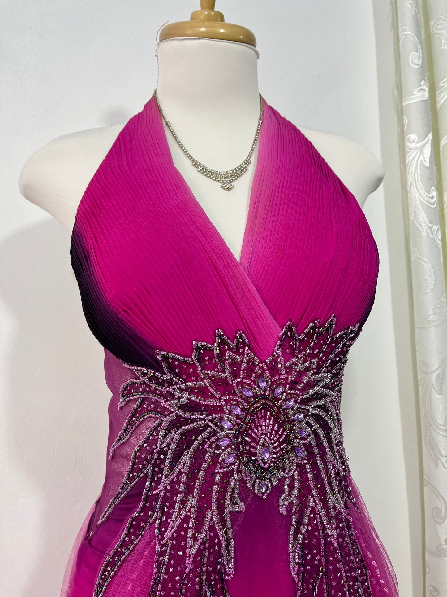 Captivating halter evening dress with fuchsia to dark violet gradient and rhinestone embroidery- size S