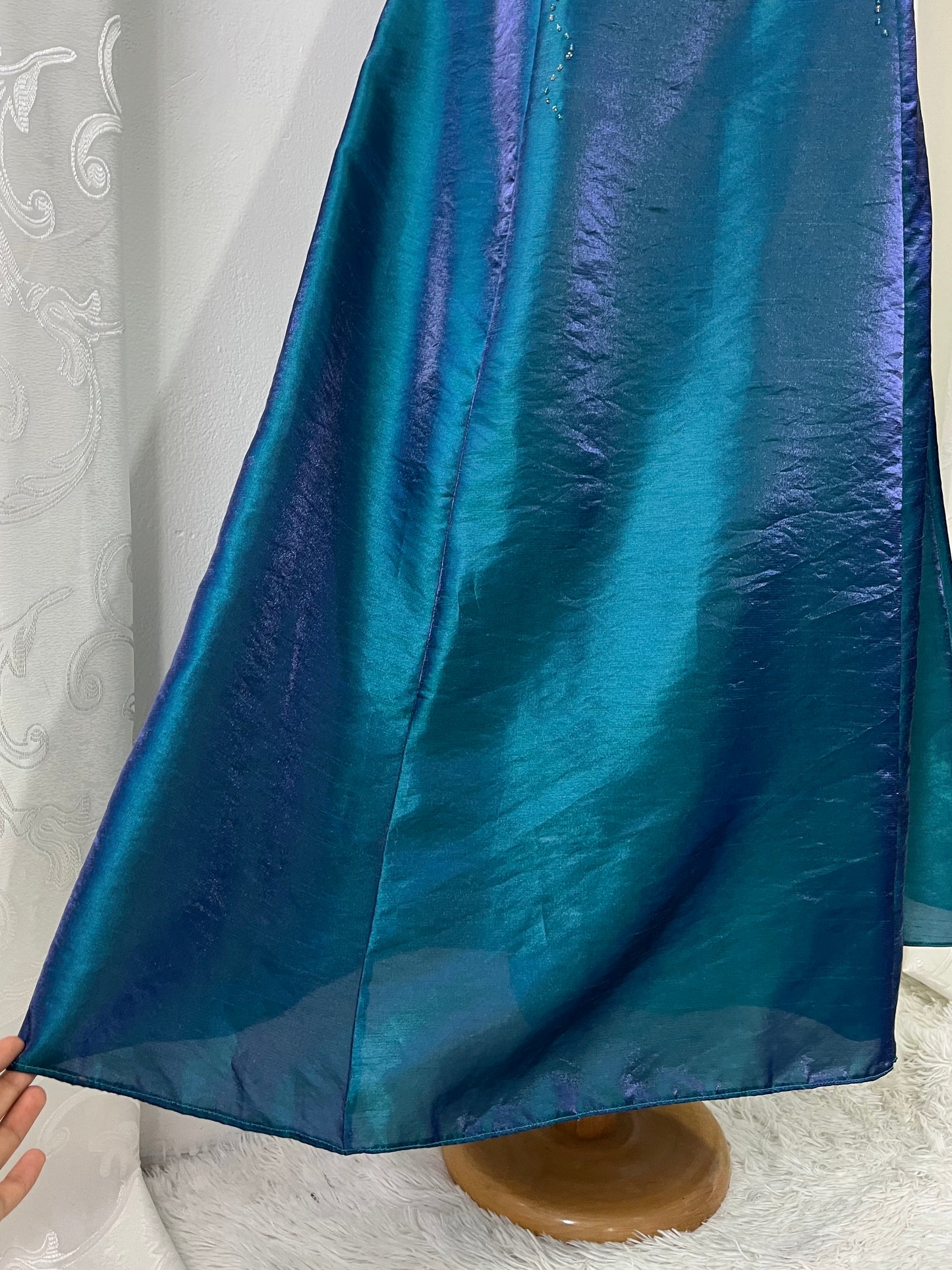 Iridescent teal corset dress with exquisite embellishments and hand-embroidered beads+ matching shawl